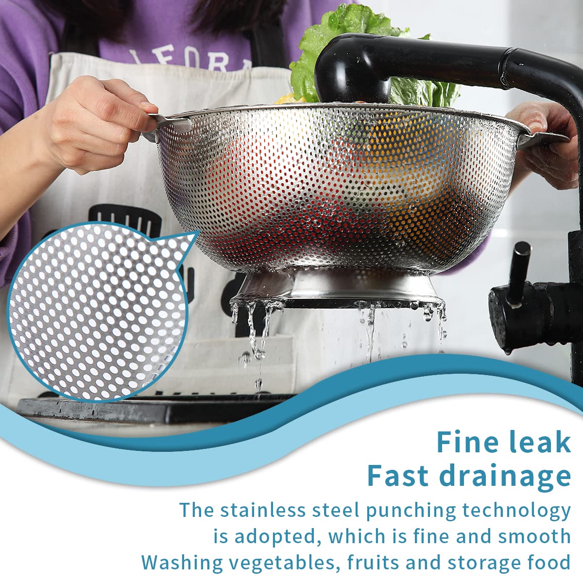 Kyraton Stainless Steel Colander 5 Quart, Professional Strainer with Heavy Duty Handles and Self Draining Solid Ring Base for Pasta, Spaghetti, Berry, Veggies, Fruits, Noodles, Salads Dishwasher Safe