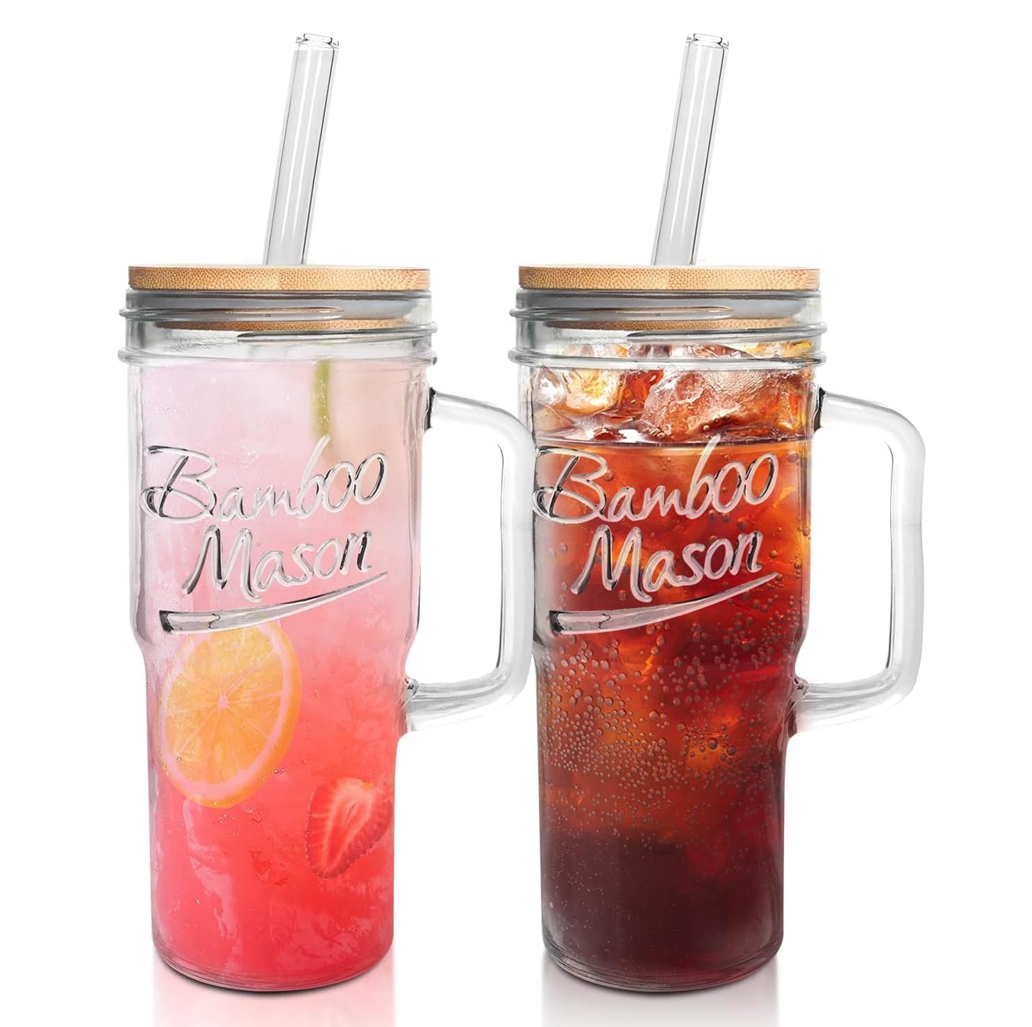 ANOTION Glass Cups with Lids and Straws - 24 oz Tumbler with Handle Halloween Coffee Cups Glass Straws Mason Jar Cups Drinking Set Kitchen Essentials Coffee Bar House Warming Gifts New Home