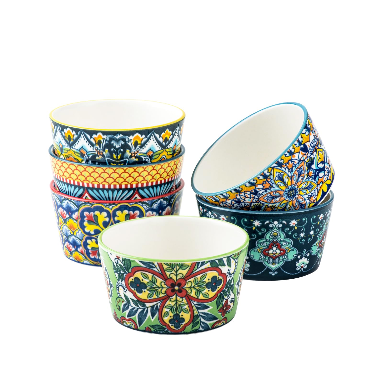 Ramekins Oven Safe for Creme Brulee - Porcelain Pudding Custard Cups 6 oz - Small Serving Bowls for Souffle, Dipping Sauce, Ice Cream, Baking Ramiken Set of 6 - Bohemian Style