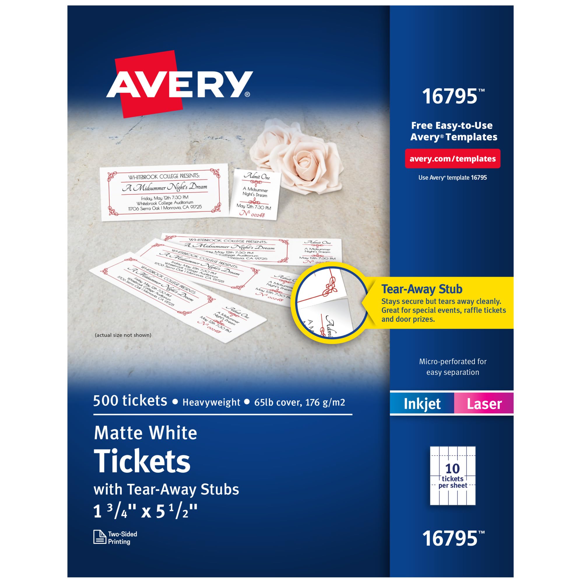 Avery Matte White Printable Tickets with Tear-Away Stubs, 1-3/4 x 5-1/2, Pack of 500 (16795)