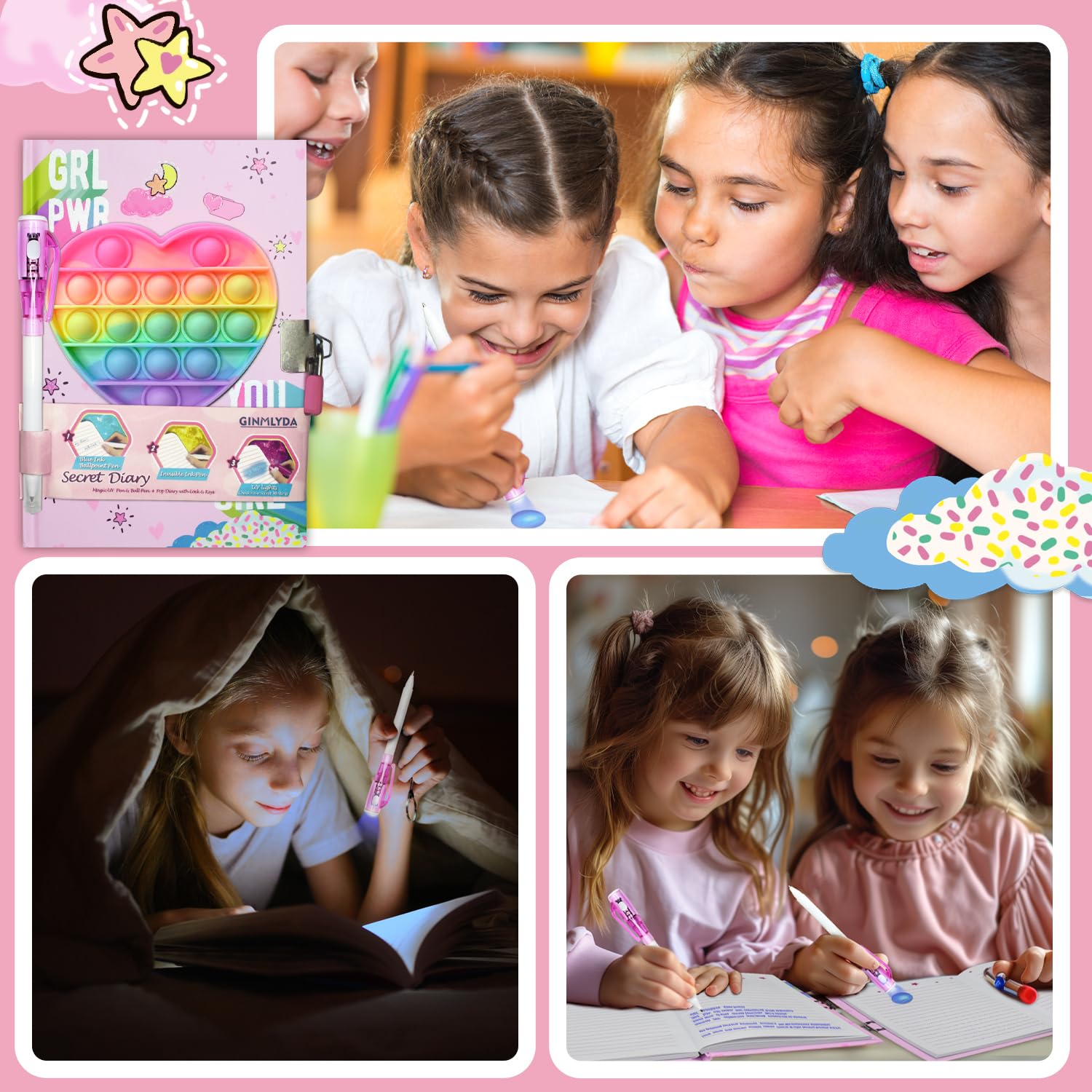 Pop Girls Diary with Lock and Invisible Ink Double-end Pen, 7.5x5.4” 160 Lined Page Fidget Colorful Heart Girls Journal for Kids Secret Notebook Pen Set Birthday Gifts for Girls 5 6 7 8 9 10 Years Old