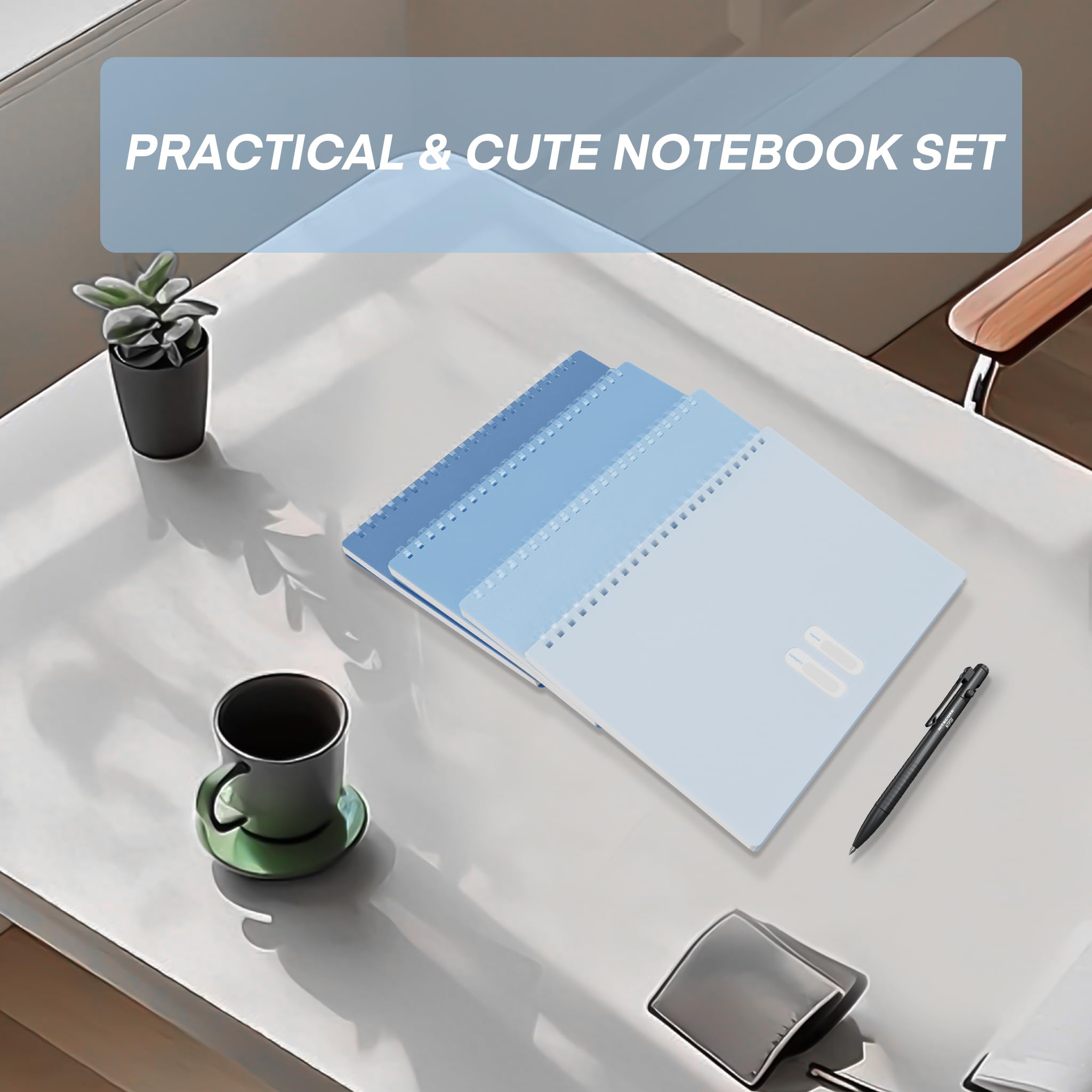Colacoo A5 Spiral Notebook 4 Pack - PP Hardcover Coil Notebook with Soft Coil, 8 x 5 Spiral Notebook Journal College Ruled 140 Lined Pages, Assorted Blue