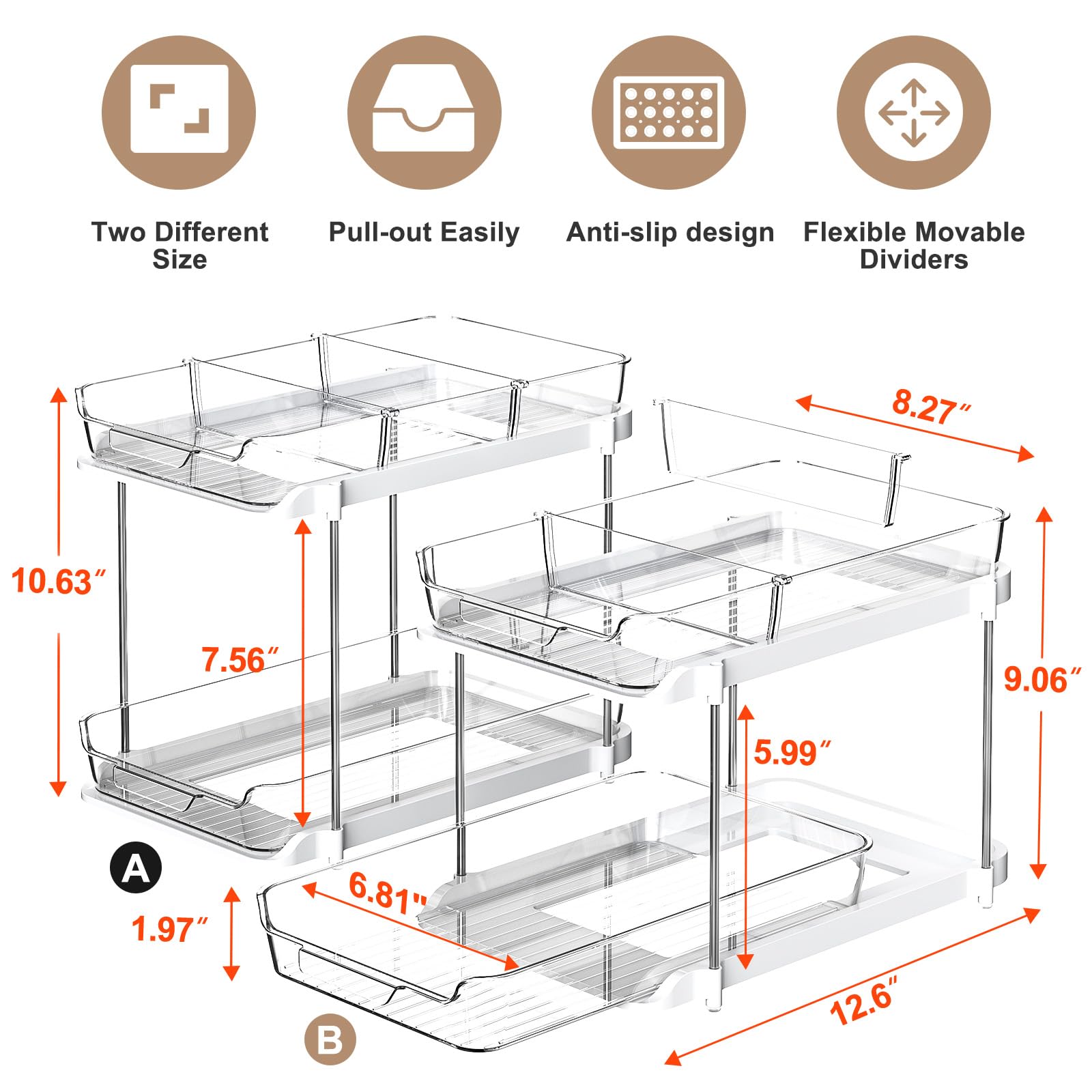 Delamu 2-Tier Multi-Purpose Bathroom Under Sink Organizers and Storage, Stackable Kitchen Pantry Organization, Pull Out Medicine Cabinet Organizer with Movable Dividers, White, 2 Pack