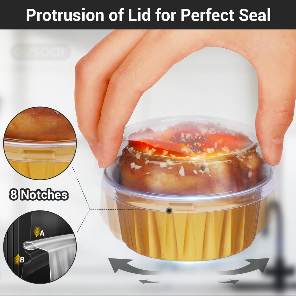 EUSOAR Disposable Ramekins, Gold 50pcs 5oz Mini Aluminium Foil Baking Cups with Lids Creme Brulee Cupcake Liners, Desert Cheesecake Pans Flan Molds Tin Cups Containers for Party Favor Birthday