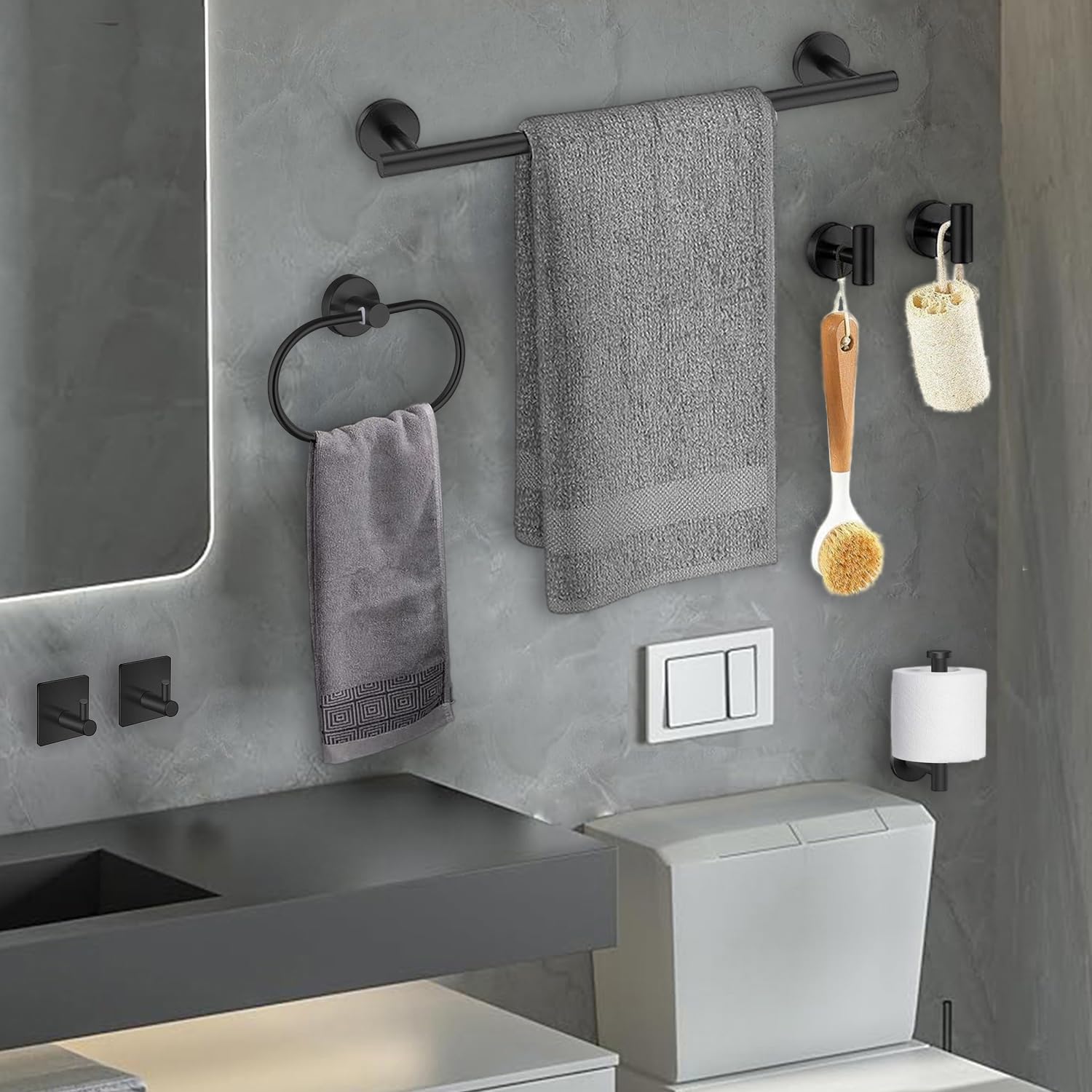7-Piece Bathroom Accessories Set, Black Towel Rack Towel Holder Towel Bar, Towel Racks for Bathroom SUS304 Stainless Steel, Towel Holder Towel Rack Wall Mounted, Black
