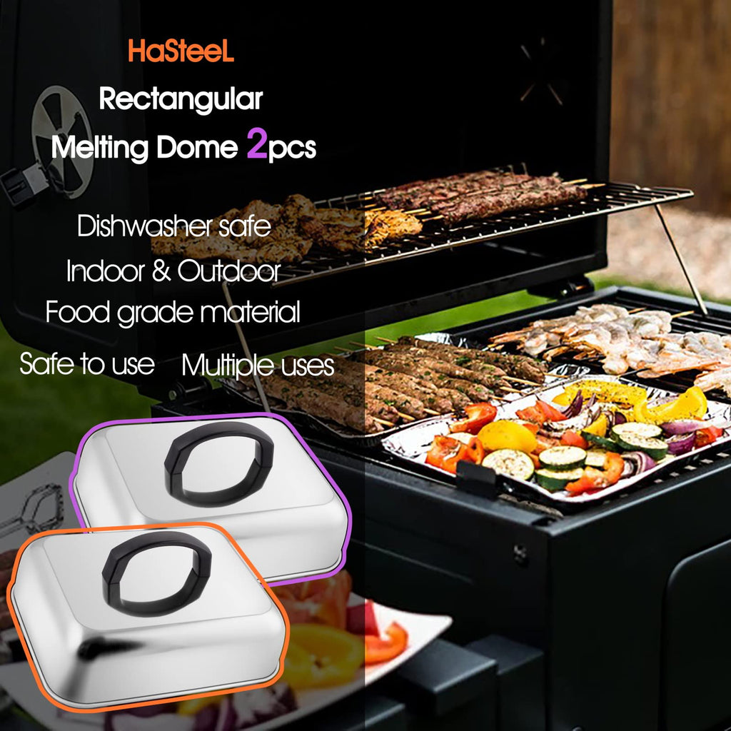 HaSteeL Cheese Melting Dome Set of 2, Stainless Steel Rectangular 9x7 Inch Basting Steaming Cover, Heavy Duty Metal Grill Dome for Flat Top Teppanyaki Barbecue Cooking Indoor/Outdoor, Dishwasher Safe