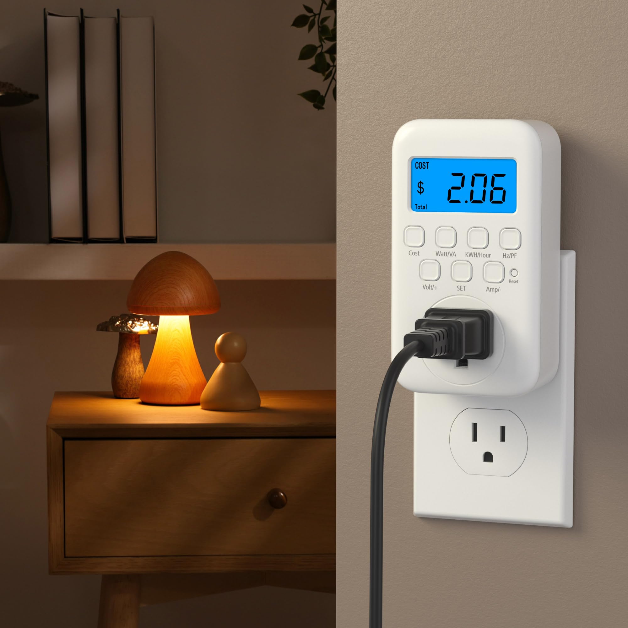 HBN Electricity Usage Monitor LCD Plug in Power Meter Digital Cost Watt/VA KWH/Hour Hz/PH Voltage Amp Meter with Backlight, 9 Display Modes for Energy Saving, Power Consumption Monitor