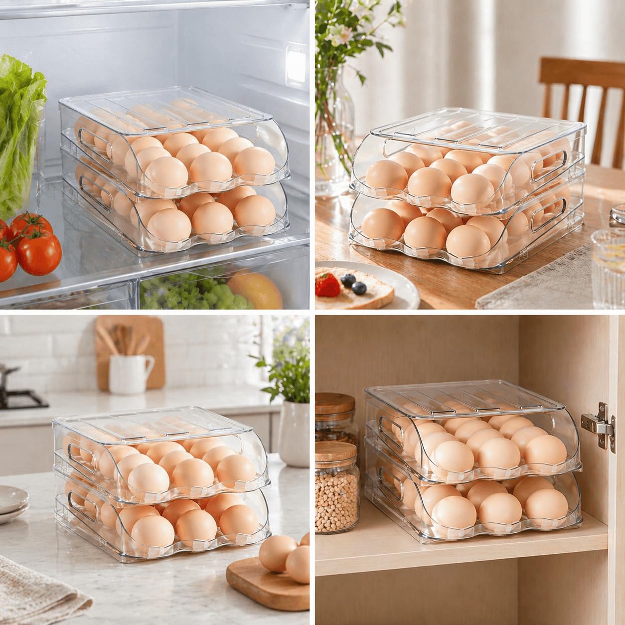 SMRCAD Egg Holder for Fridge, Automatic Stable Rolling Egg Dispenser with Handle & Silicone Pad for Refrigerator, Large Capacity Egg Organizer with Lid