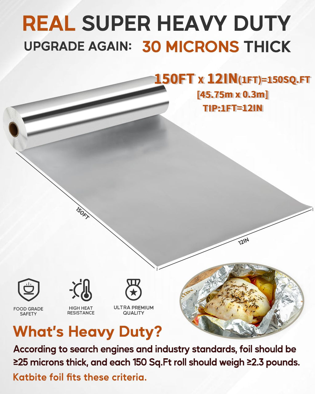 Katbite Aluminum Foil Roll, Heavy Duty 12inx150ft, 30 Micron Thick Strong Foils Aluminum Roll with Cutter for Home Cooking, Catering, Grilling,150Sqft