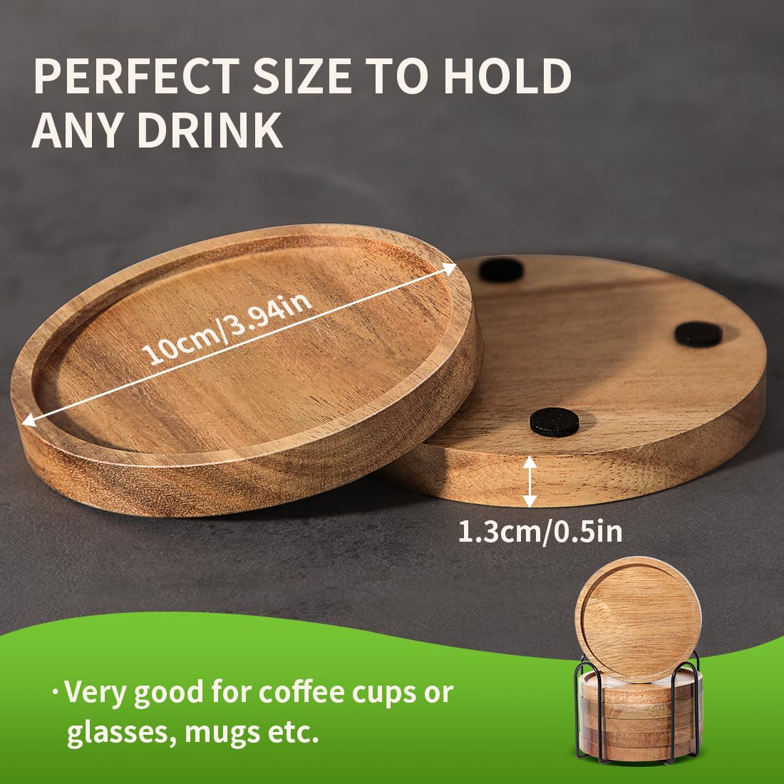 WLWNWFT Acacia Wood Round Coasters with Holder, Set of 6, Brown