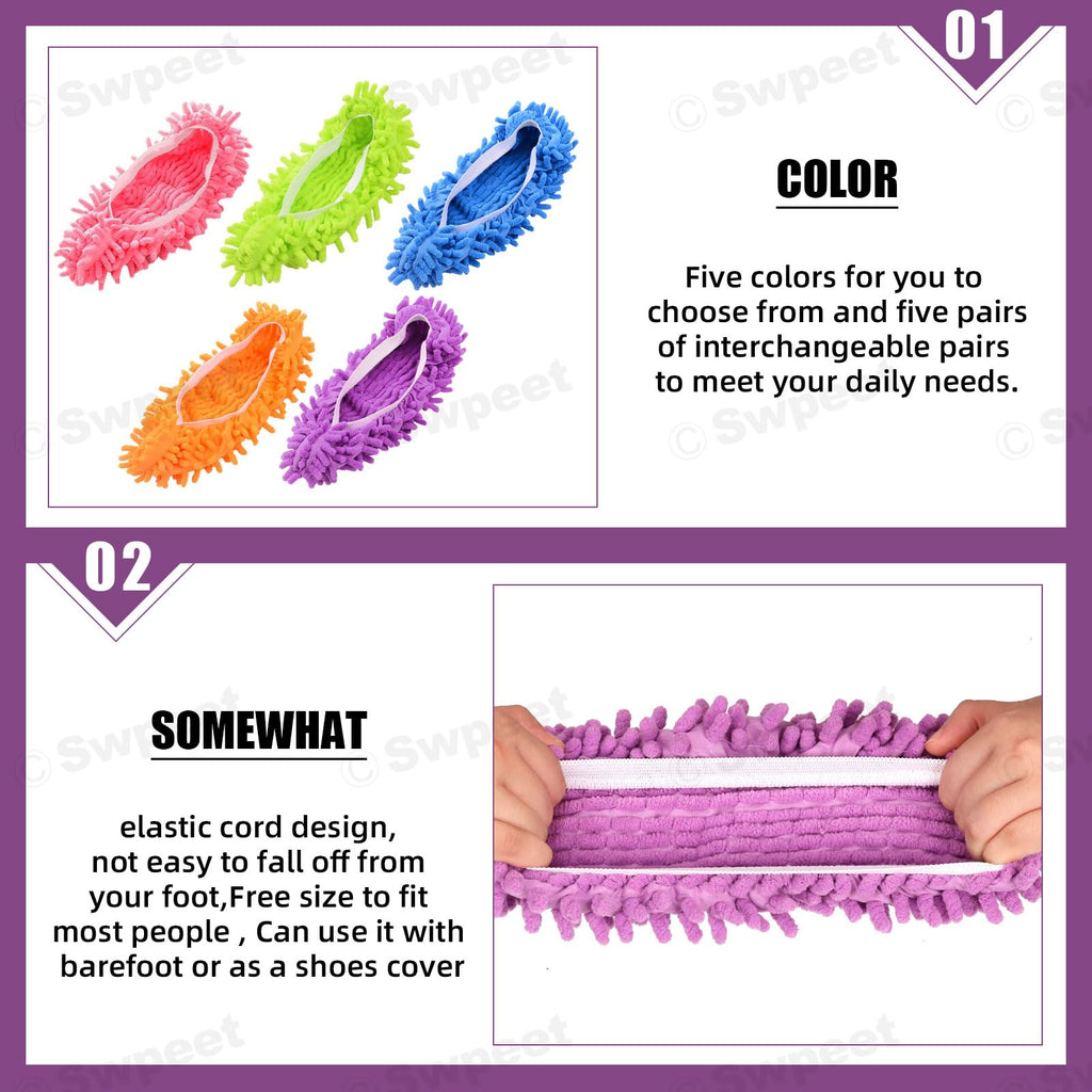 Swpeet 10Pcs/5 Pairs Mop Slippers Shoes, 5 Colors 8'' Multi Function Washable Reusable Dust Duster Soft Microfiber Cleaning House Mop Slippers Floor Cleaning Tool Shoes Cover for House Kitchen Office