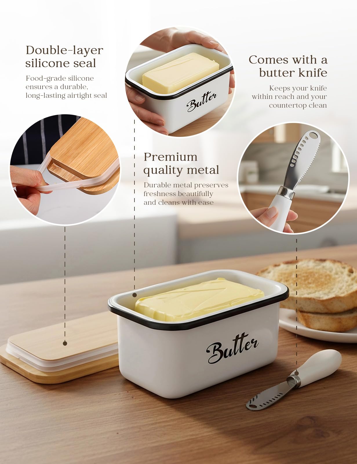 Butter Dish with Lid: Metal Beurrier Butter Dish for 1 LB of Canadian Butter - Airtight Large Capacity Butter Keeper Butter Container with Knife - Butter Holder for Countertop - White
