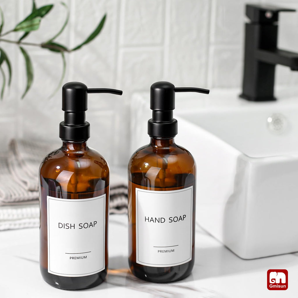 GMISUN Soap Dispenser, 2 Pack Bathroom Hand Soap Dispenser with Rustproof Stainless Steel Pump, Amber Glass Dish Soap Dispenser Set for kitchen, Hand and Dish Soap Dispensers Sets, Liquid Soap Bottles