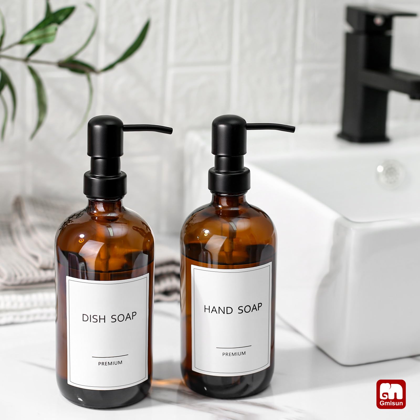 GMISUN Soap Dispenser, 2 Pack Bathroom Hand Soap Dispenser with Rustproof Stainless Steel Pump, Amber Glass Dish Soap Dispenser Set for kitchen, Hand and Dish Soap Dispensers Sets, Liquid Soap Bottles