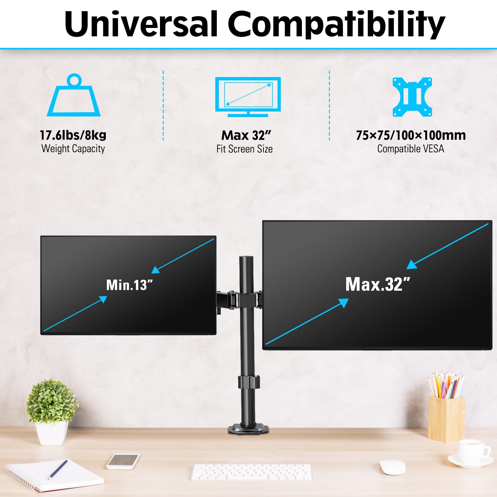MOUNTUP Dual Monitor Desk Mount, Max 32 Inch up to 17.6lbs, Fully Adjustable Dual Monitor Arm for 2 LCD Screens, Double Monitor Stand with C-Clamp and Grommet Base
