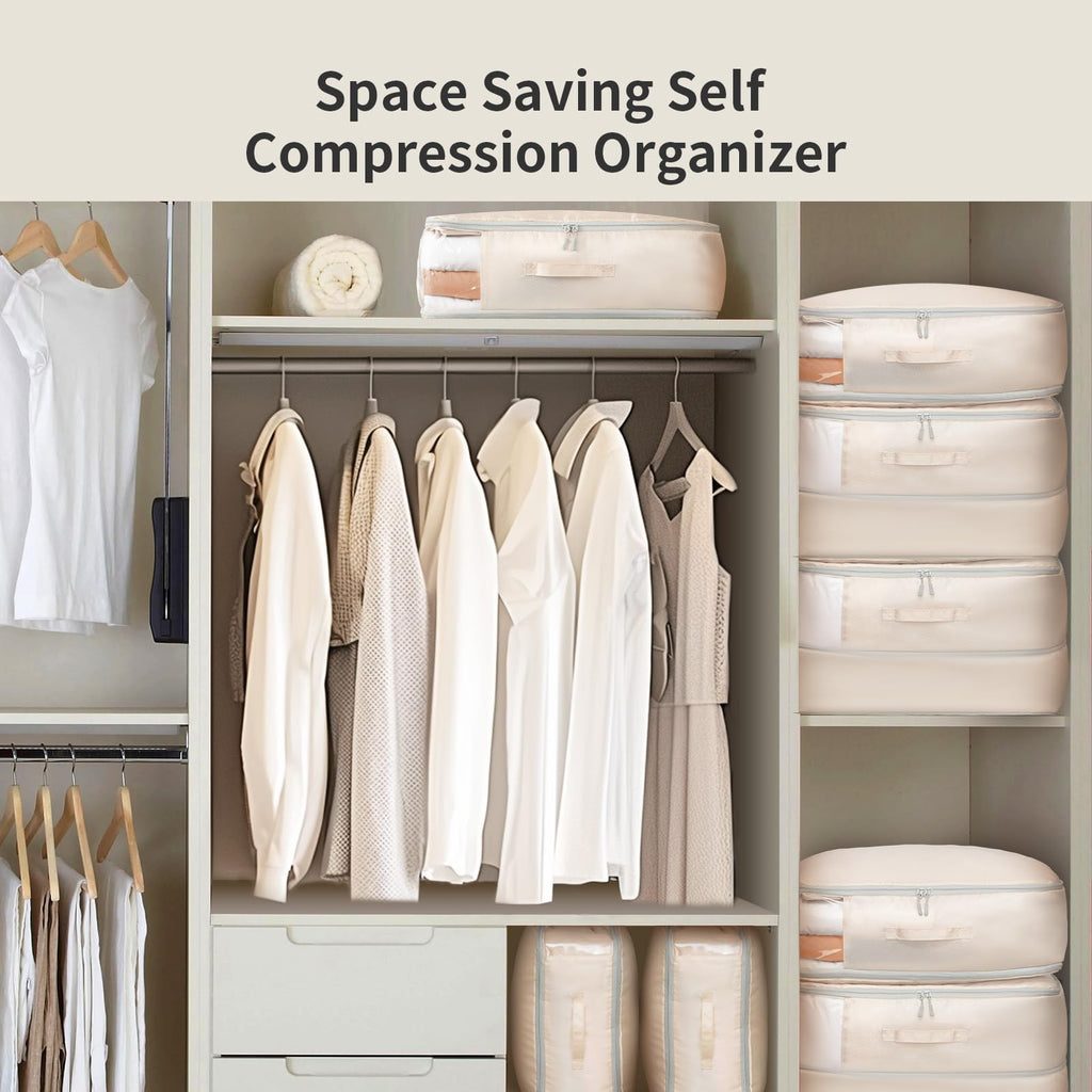 DIMJ Blanket Storage Bag Compression Organizer -3 Pack 198L Ultra Space Saving Self Compression Organizer with Clear Window Washable Compression Bags for Comforters Duvet Bedding, Dorm, Beige