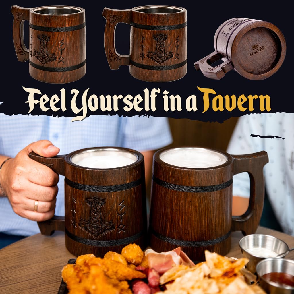 TESLYAR Beer Mug 600 ML - 20 OZ - Viking Mug - Tankard Mug - Beer Stein - Wooden Beer Mug - Handmade Gifts for Men | Fathers Day | Christmas | Birthday Gifts | Celtic Men Mugs - Thors Hammer