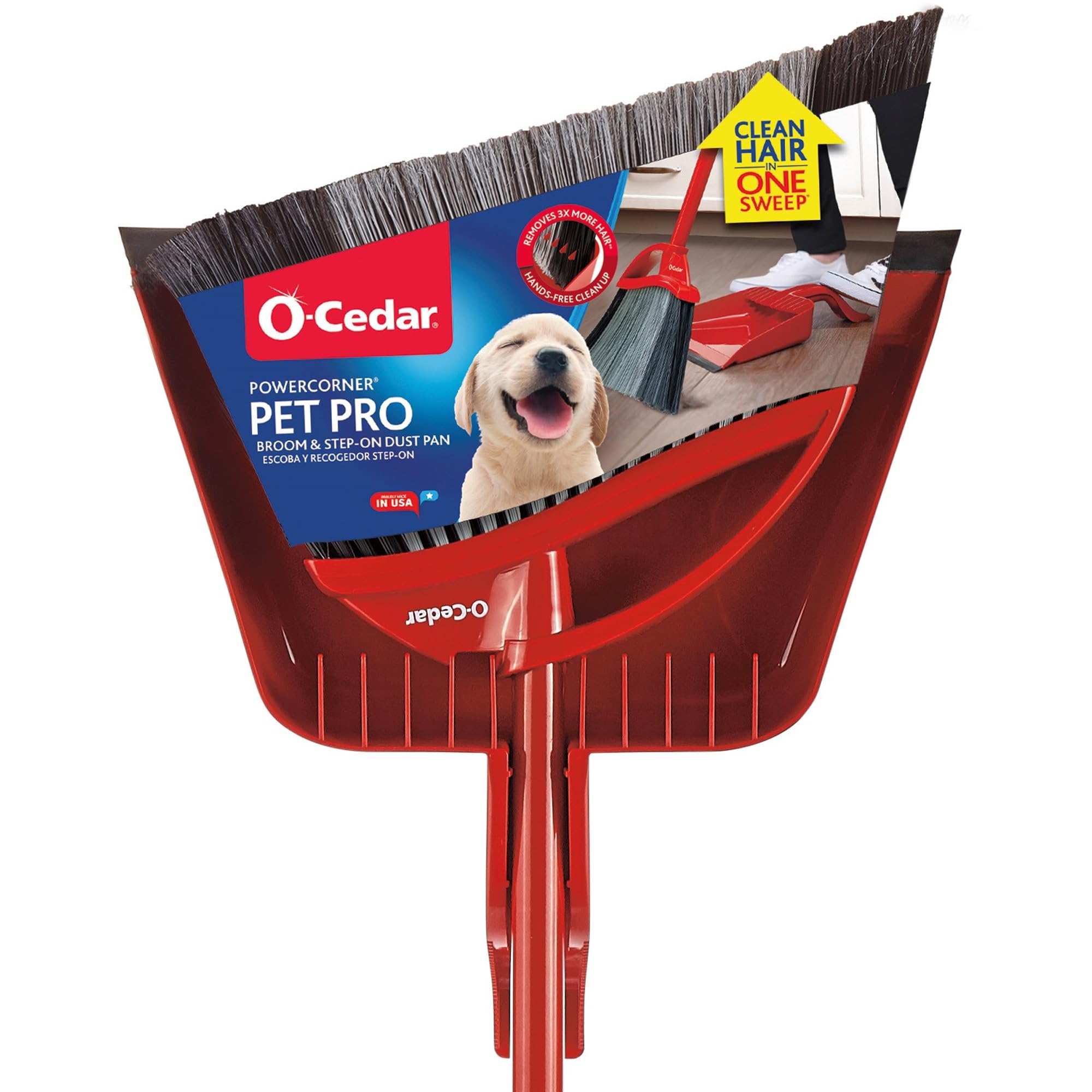 O-Cedar Pet Pro Broom & Step-On Dustpan PowerCorner, Red