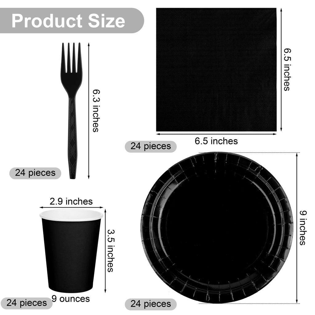 ADXCO Party Supplies - Disposable Black Party Decorations: 9 Inch Paper Plates, Cups, Napkins - Serves 24 for Birthday, Wedding, Holidays