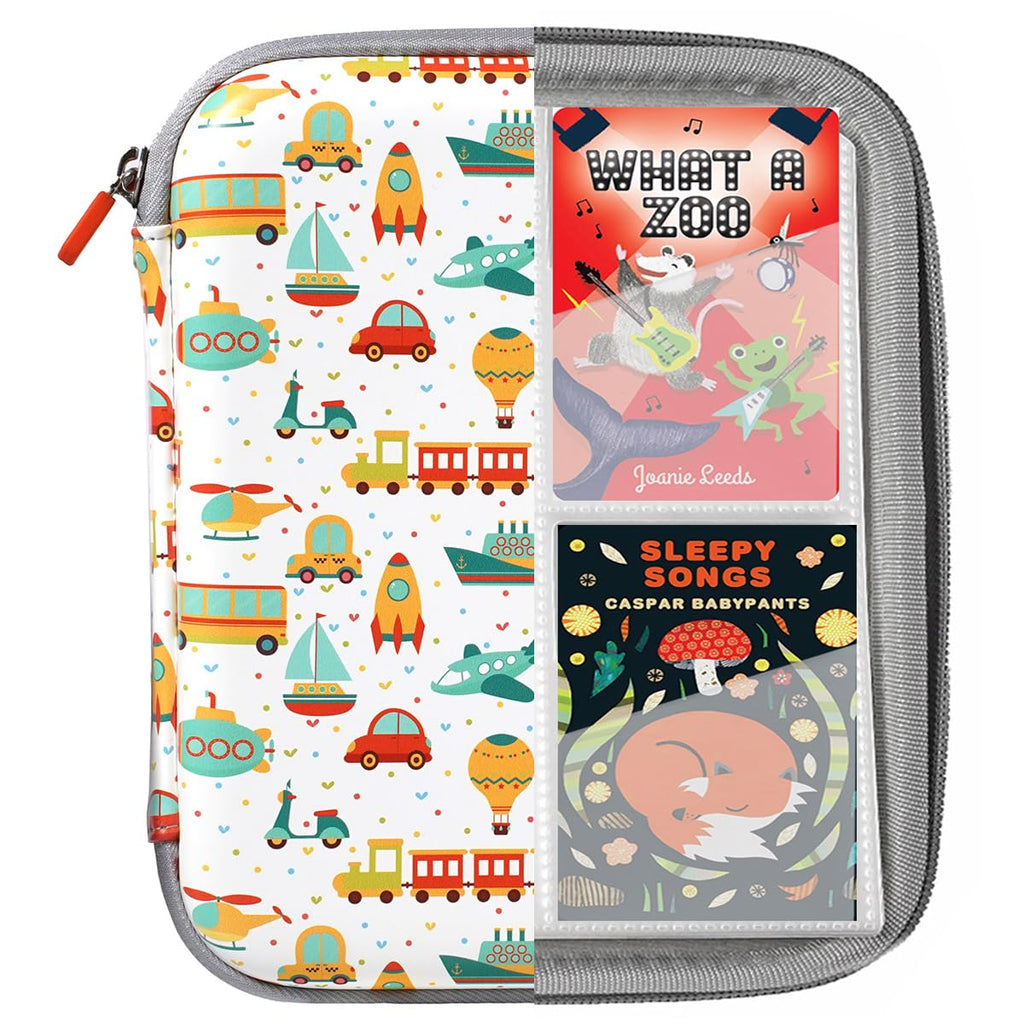 Case Holder for Yoto Cards, Portable 80 Pockets Storage Folder with Zipper Mini Audiobook Cards Sleeves Organizer Jolly Vehicles
