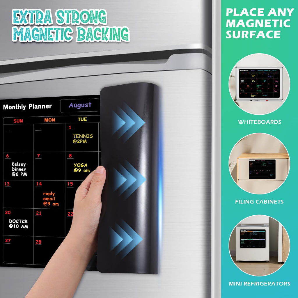 Fridge Black Whiteboard Calendar Set (3-Pack) - Magnetic Weekly Board, Refrigerator Planner Calendar, List and 6 Markers - Reward Chore Chart for Kids, Teens, Adults, Family