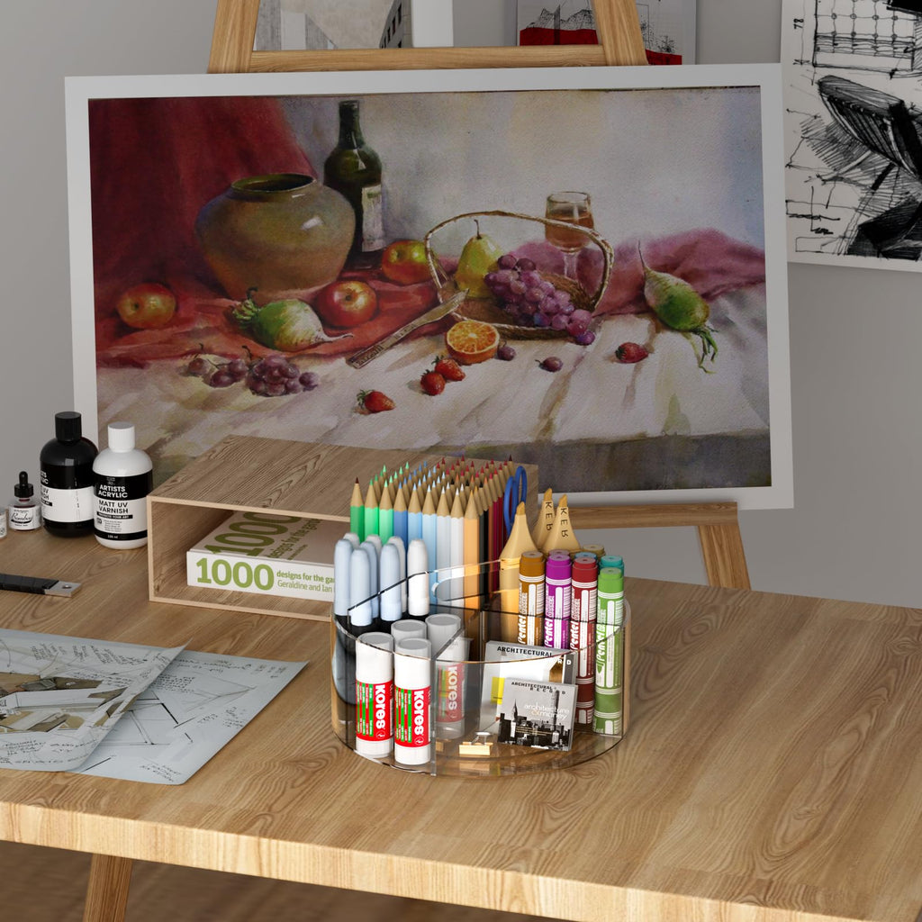 360-degree Rotating Clear Pen Organizer with 6 Compartments, Acrylic Pen Holder with Handle for Desk, Art Supply Organizer for Markers, Paints, and Brushes