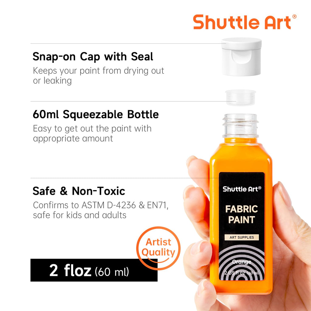 Shuttle Art Fabric Paint, 18 Colors Permanent Soft Fabric Paint in Bottles (60ml/2oz) with Brushes, Palette, Stencils, Textile Paint for T-Shirts, Shoes, Jeans, Bags, DIY Projects & Art Crafts