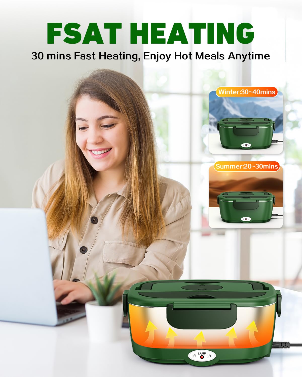 Electric Lunch Box for Adults – 80W Fast Heating Portable Food Warmer for Car, Truck & Office – Heated Lunch Box with 1.5L SS Containers, Leak-Proof Lonchera Eléctrica Portátil (GN)