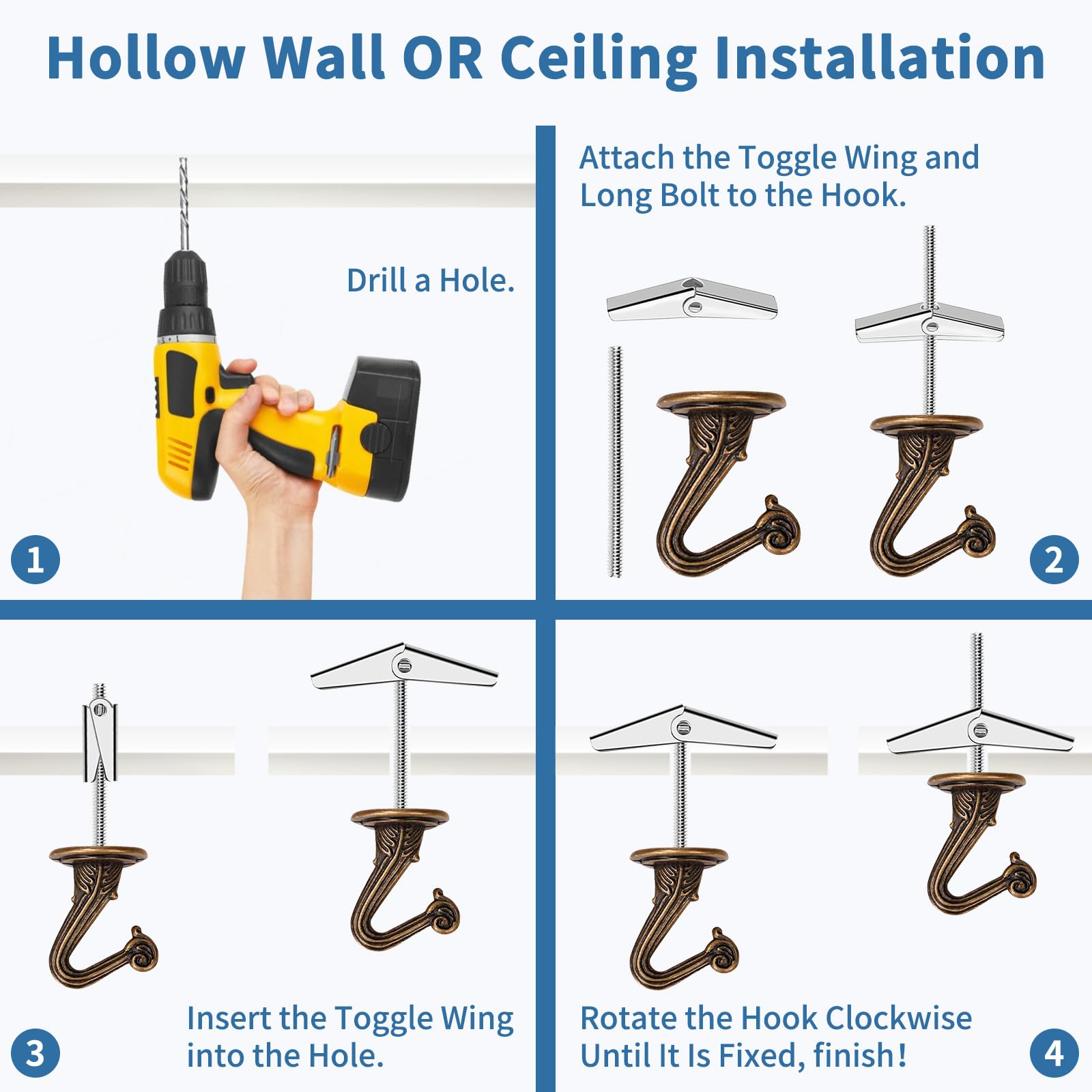 SEISSO 10 Sets Ceiling Hooks - Heavy Duty Metal Swag Hook with Hardware and Toggle Wings for Hanging Plants Ceiling Installation Cavity Wall Fixing Brass