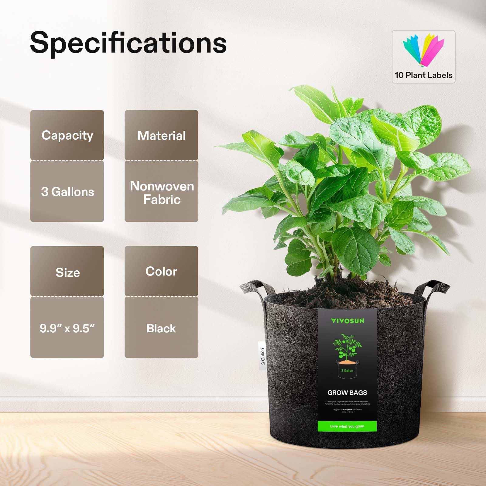VIVOSUN 10-Pack 3 Gallon Grow Bags Heavy Duty 300G Thickened Nonwoven Plant Fabric Pots with Handles