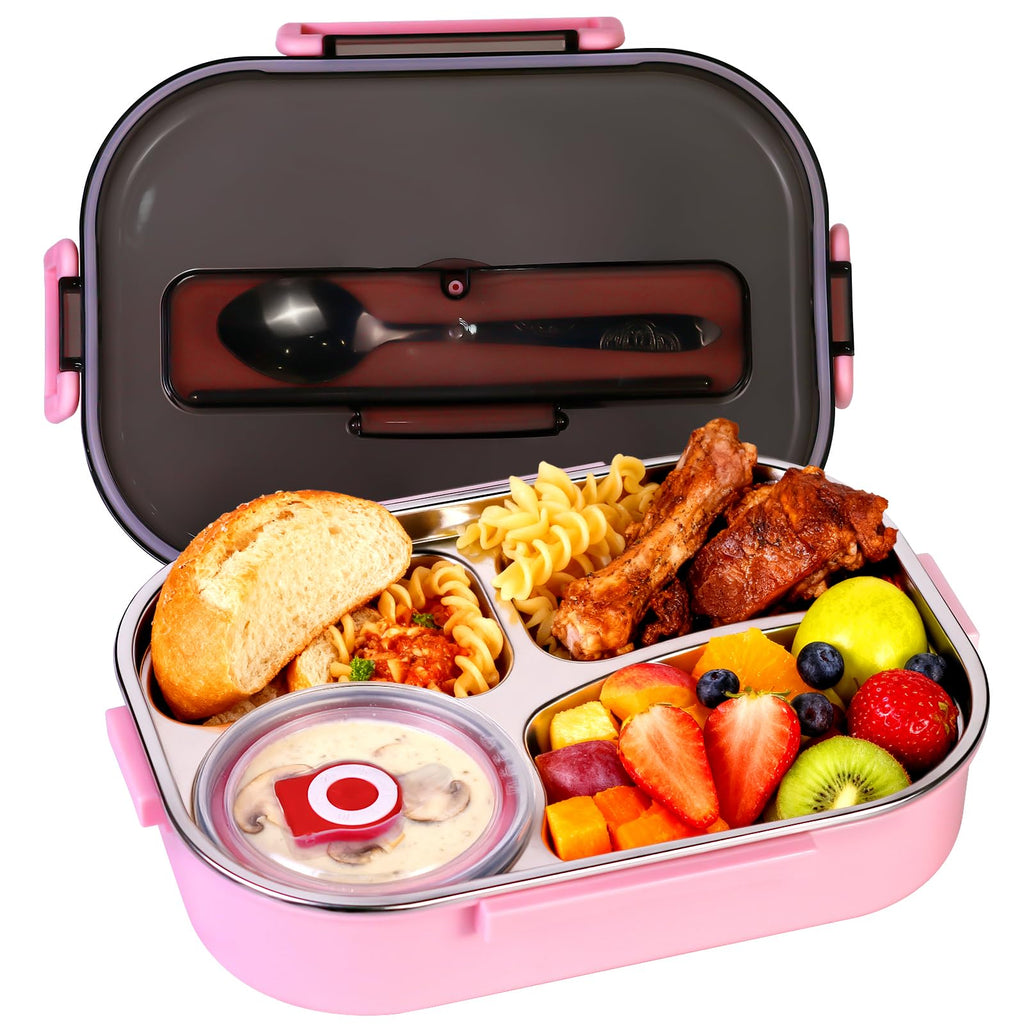 1.5L 4-Compartment Stainless Steel Bento Lunch Box with Soup Container Meal Prep Lunch Containers, Leakproof Food Storage Box for Office, School, Picnic,Work,Travl (Pink, 1500ML)