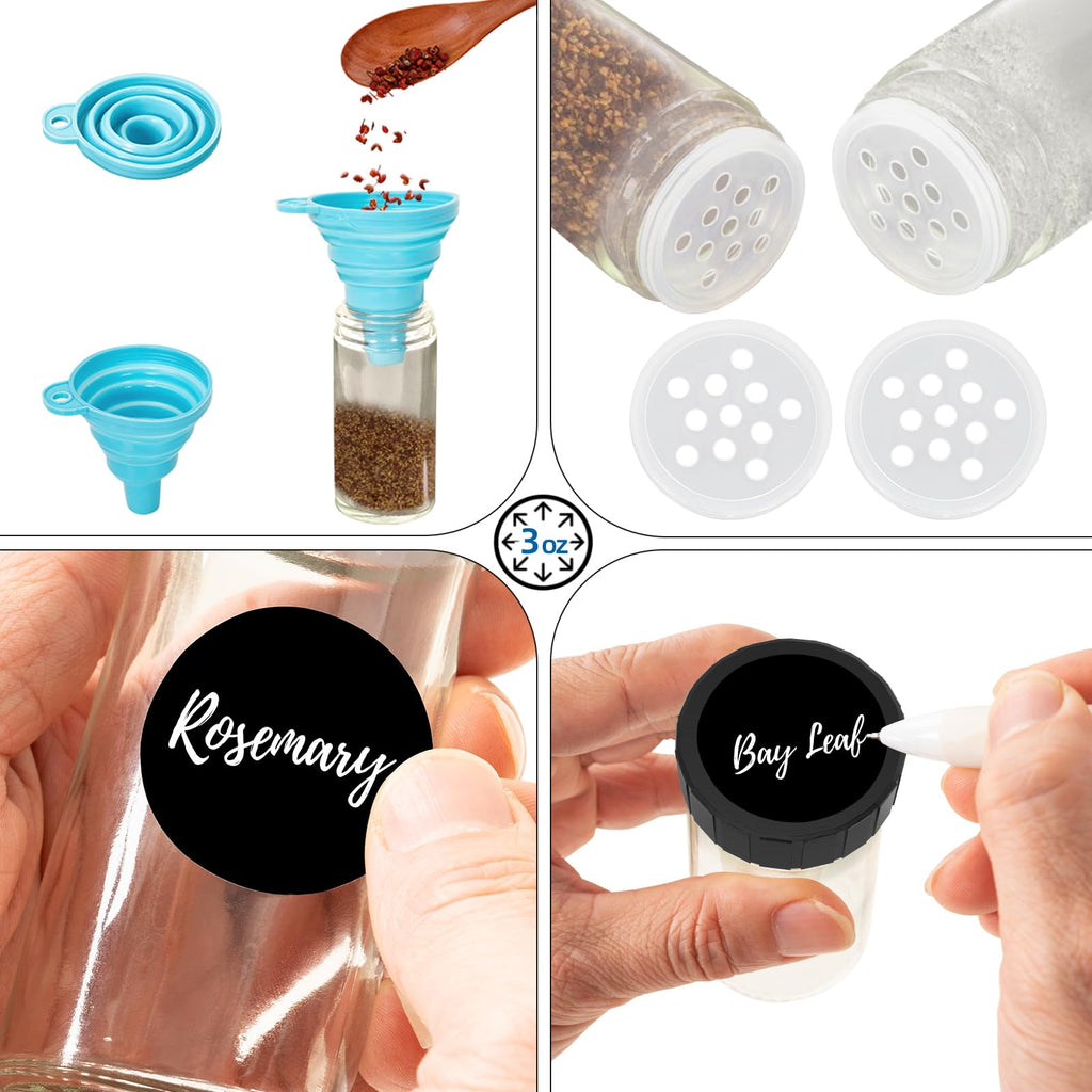 AKOZLIN Rotating Spice Jars with Rack Revolving Spice Rack with 20 Spice Jars Kitchen Spice Tower Organizer Stainless Steel with Stickers and Folding Funnel for Countertop or Cabinet, Silver