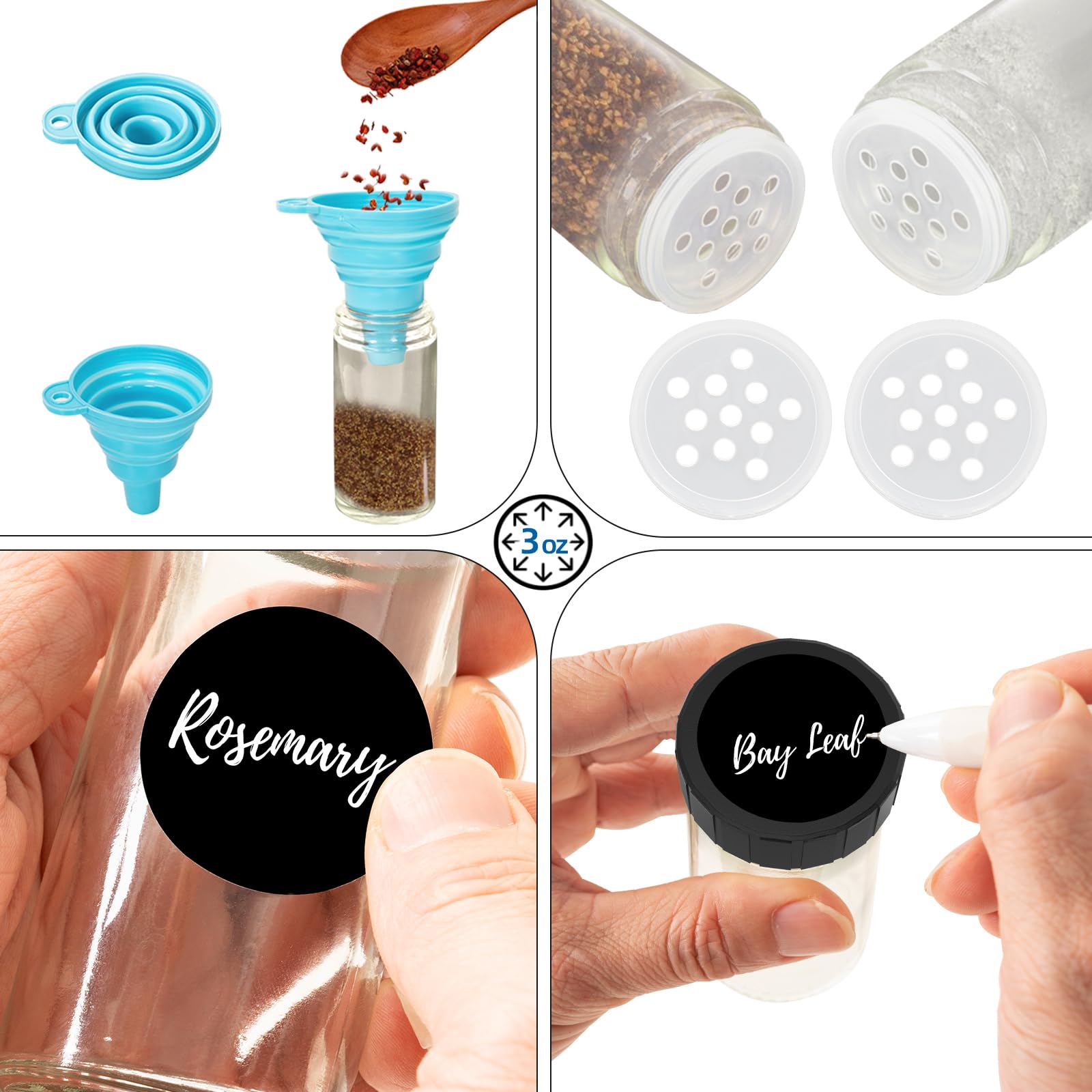AKOZLIN Rotating Spice Jars with Rack Revolving Spice Rack with 20 Spice Jars Kitchen Spice Tower Organizer Stainless Steel with Stickers and Folding Funnel for Countertop or Cabinet, Silver