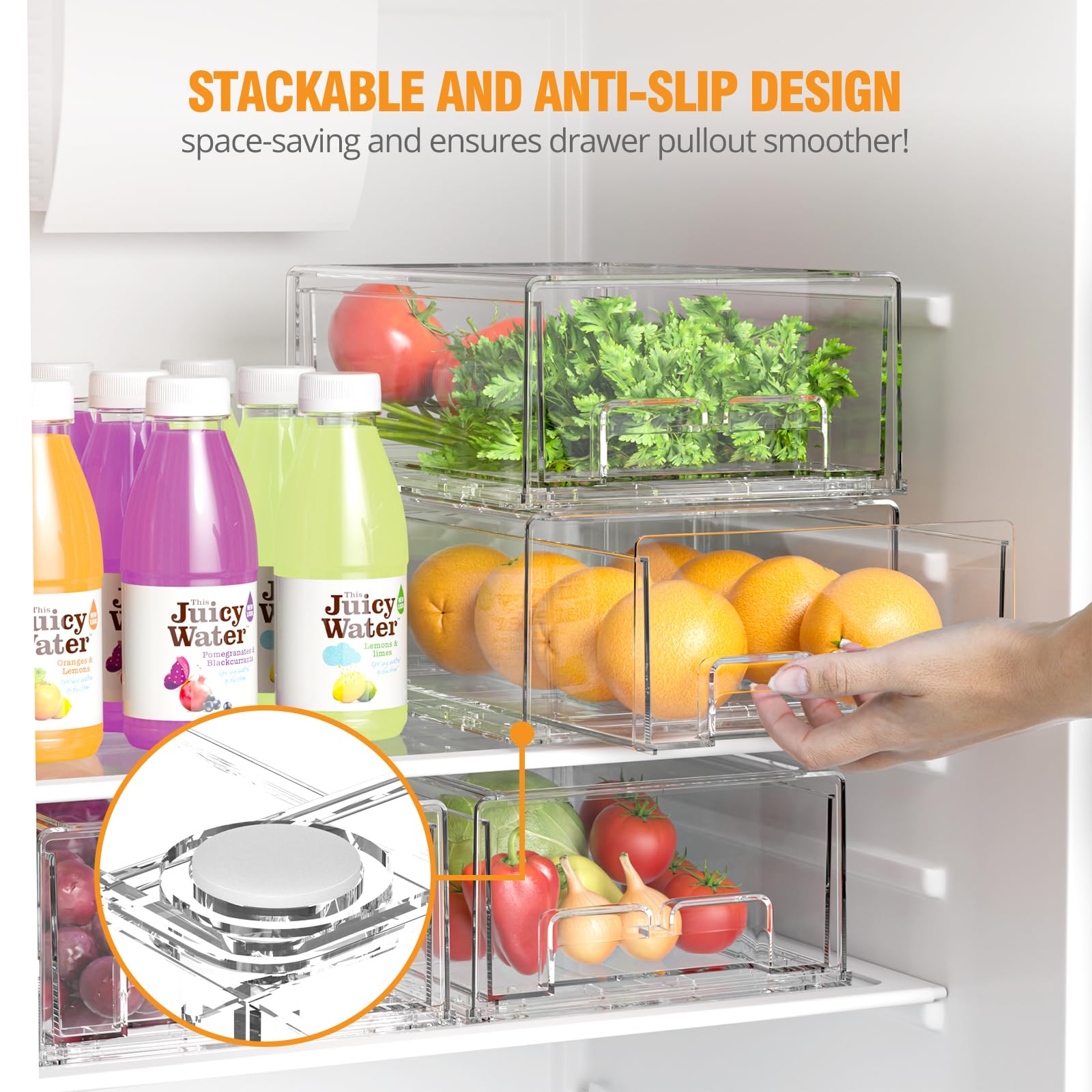BOICHU 2 Pack Stackable Storage Drawers - Clear Refrigerator Drawers for Refrigerator Organizers and Storage, Acrylic Fridge Drawer Organizer with Handles for Bathroom, Undersink, Cabinet, Pantry, etc