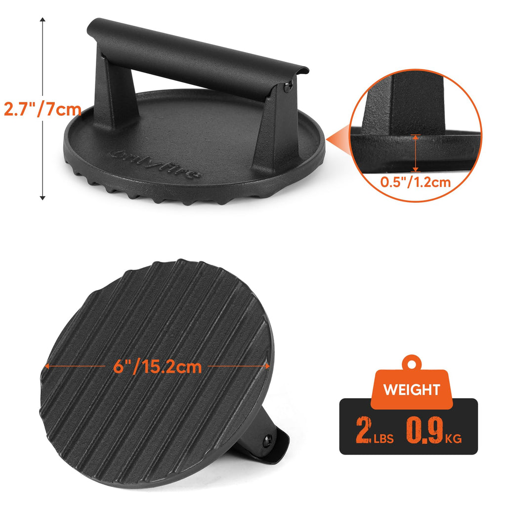 onlyfire Cast Iron Burger Press, Φ15cm Round Smash Burger Press with Heat Resistant Handle for Griddle and BBQ, Heavy-Duty Grill Press for Burger, Steak, Sandwich, Bacon
