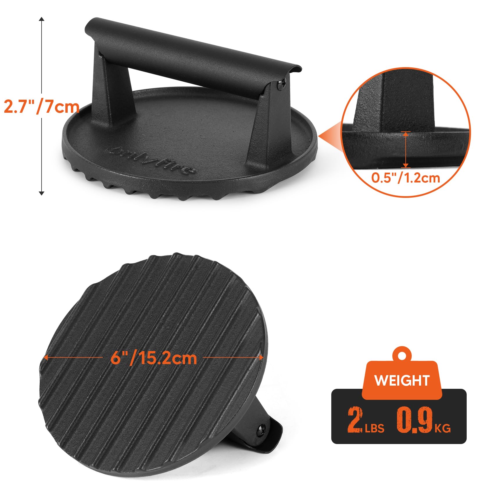 onlyfire Cast Iron Burger Press, Φ15cm Round Smash Burger Press with Heat Resistant Handle for Griddle and BBQ, Heavy-Duty Grill Press for Burger, Steak, Sandwich, Bacon