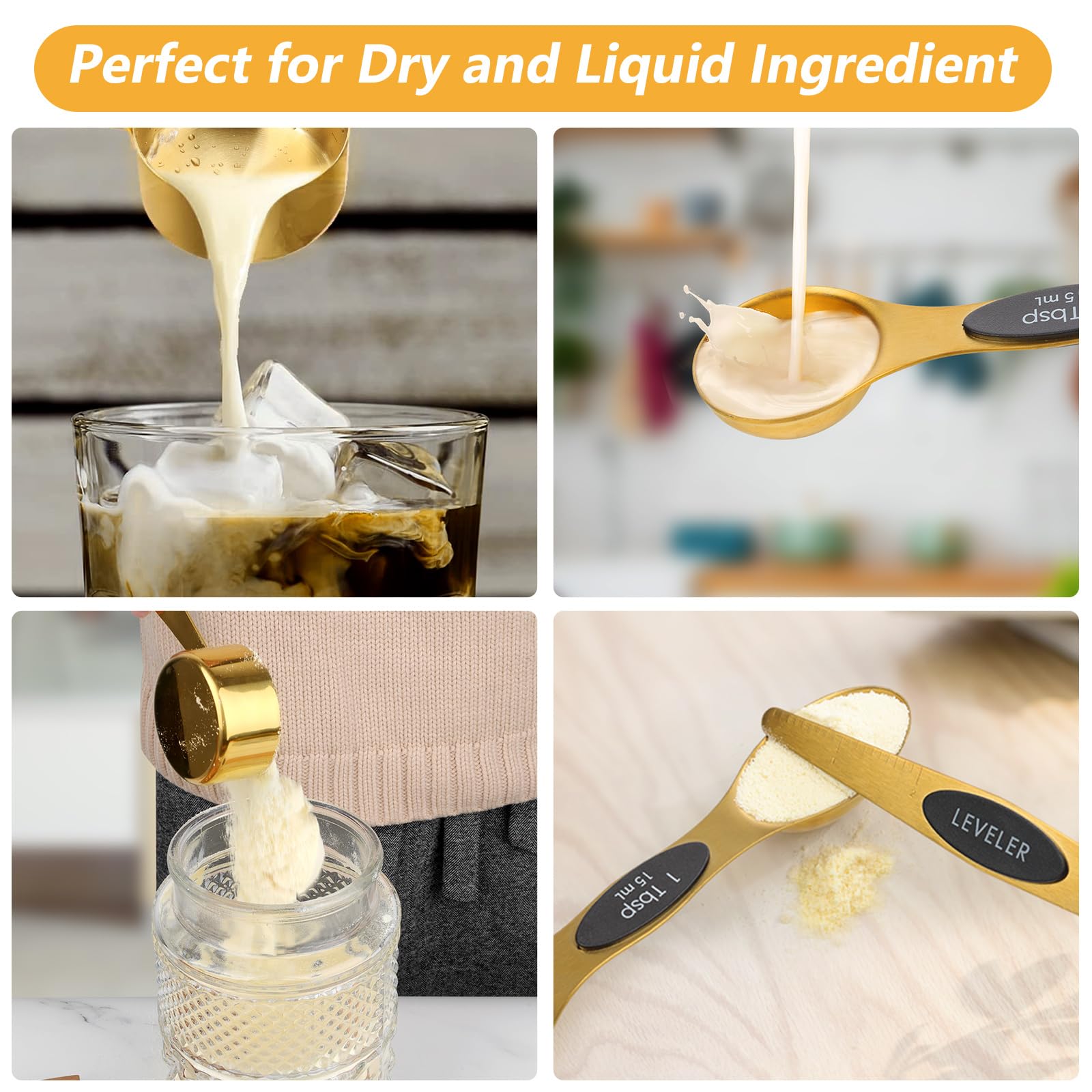 GuDoQi Gold Magnetic Measuring Spoons and Cups Set of 12, 8 Dual Sided Magnetic Measuring Spoons Set with Leveler, 4 Measuring Cups, Premium Stainless Steel, Measuring for Liquid and Dry Ingredients