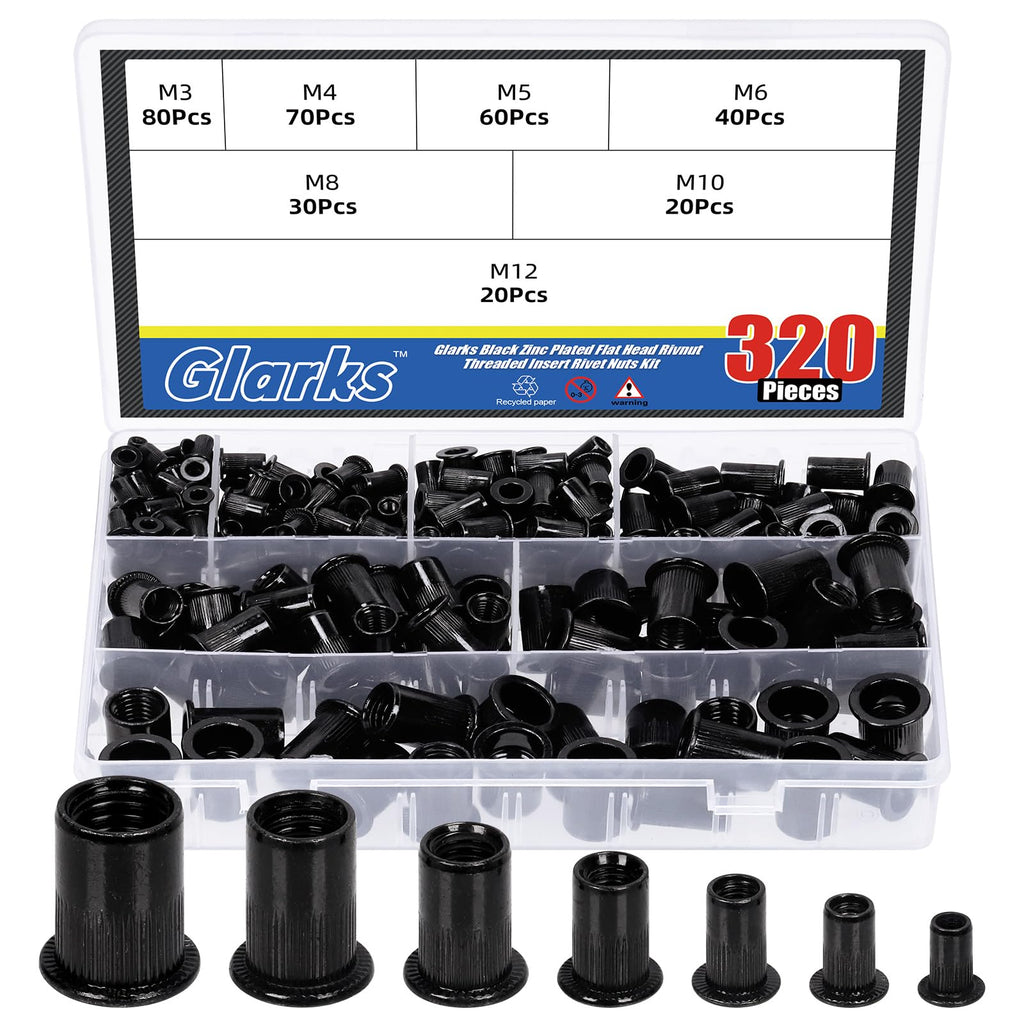 Glarks 320Pcs Metric Rivet Nuts Kit M3 M4 M5 M6 M8 M10 M12 Rivet Nuts Black Zinc Plated Carbon Steel Flat Head Rivnut Threaded Insert Rivet Nuts Assortment Set