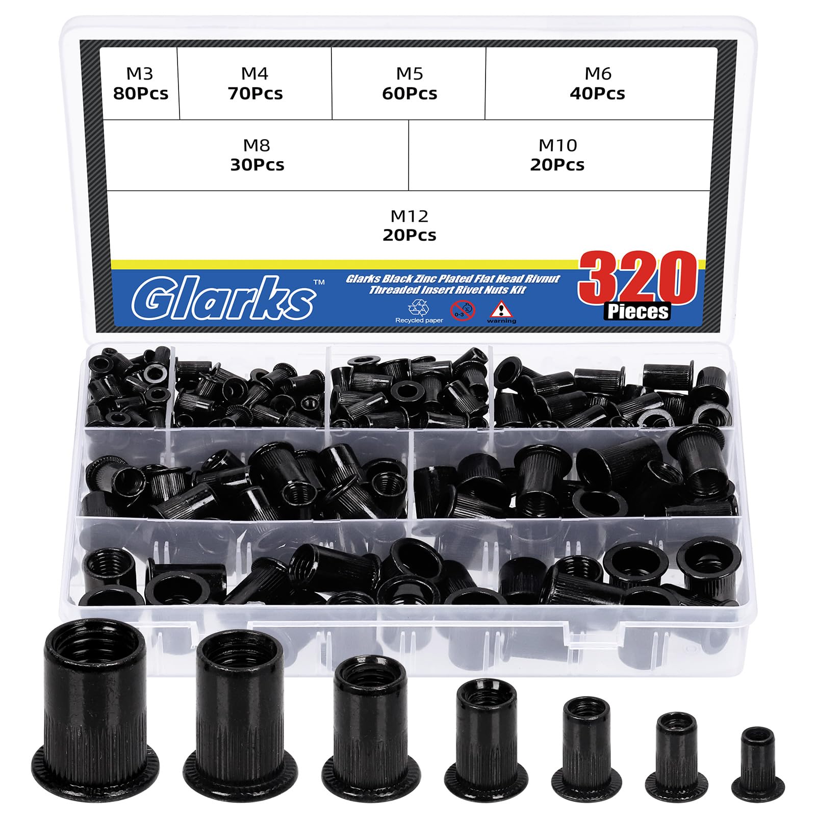 Glarks 320Pcs Metric Rivet Nuts Kit M3 M4 M5 M6 M8 M10 M12 Rivet Nuts Black Zinc Plated Carbon Steel Flat Head Rivnut Threaded Insert Rivet Nuts Assortment Set