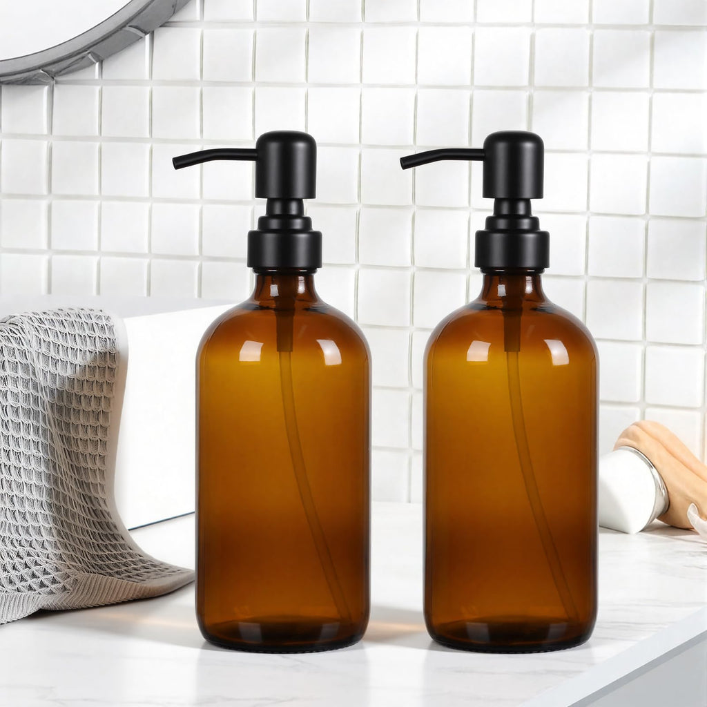 Ceecysaa Glass Soap Dispenser, 500 ml Soap Dispenser, 2 Pack Bathroom Hand Soap Dispenser with Pump, Amber Glass Bottles,Hand and Dish Soap Dispensers Sets for Kitchen,Bathroom