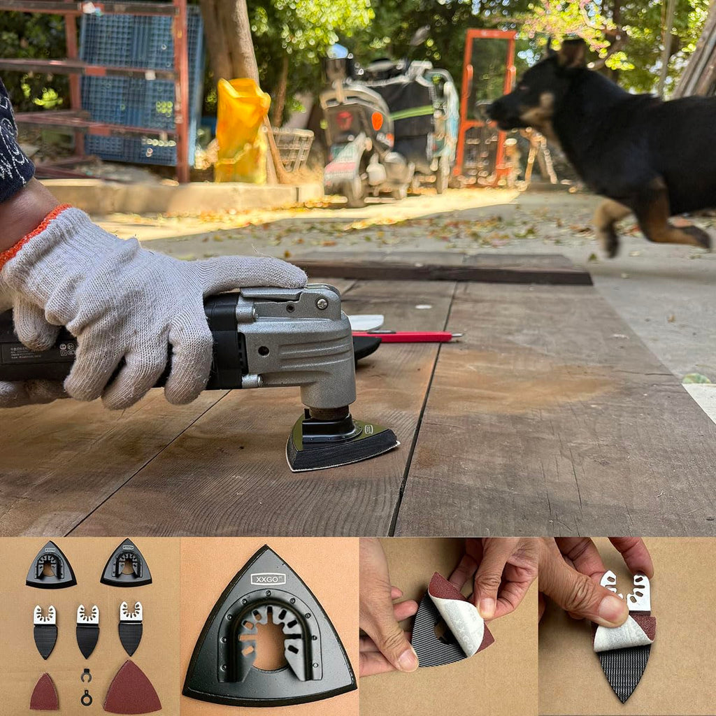 XXGO 105 Pcs Oscillating Multi Tool Sanding Pads Kits 2 Pcs Triangle Sanding Pads 3 Pcs Finger Sanding Pads 100 Pcs Multi Tool Sandpaper for Wood Sanding XG3105