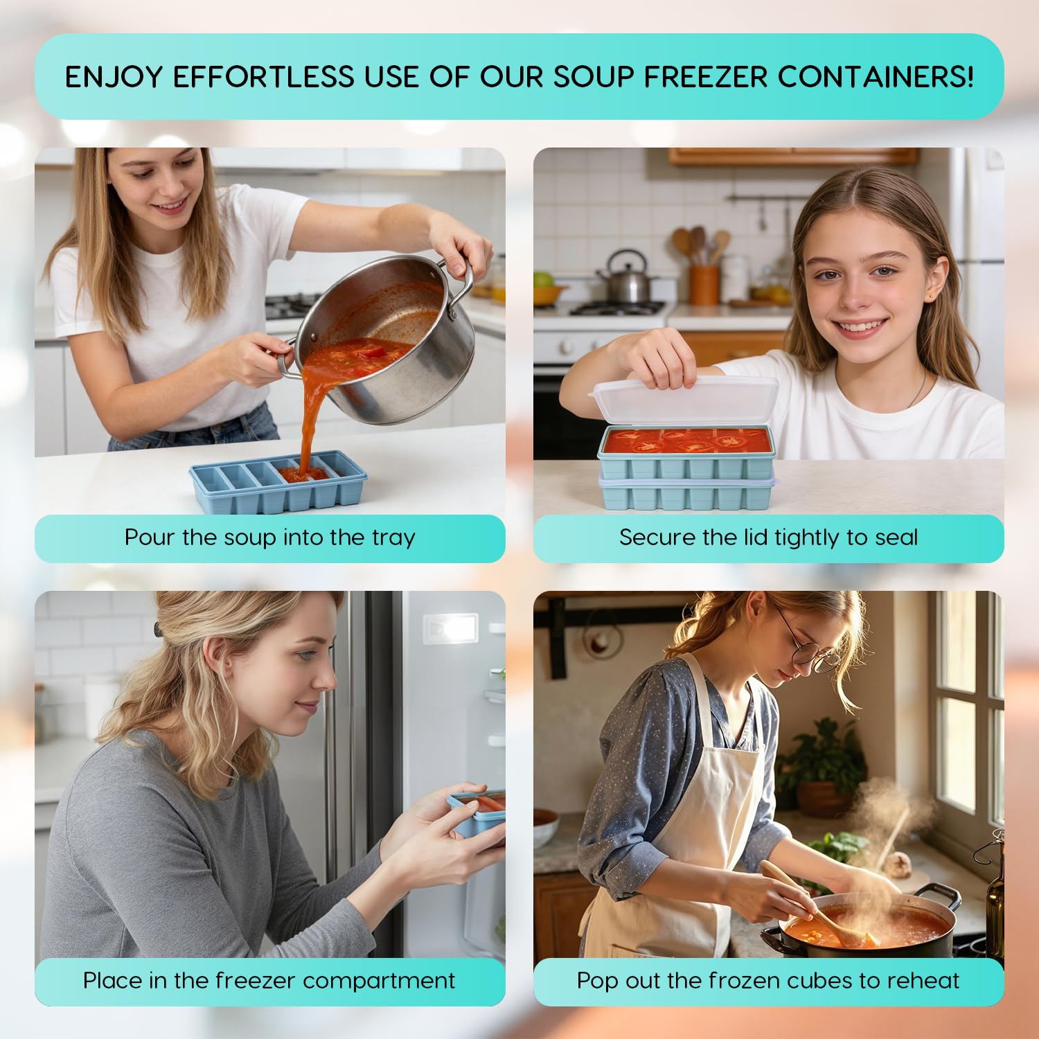 2 Pack Silicone Soup Freezer Containers with Lids, Soup Freezer Mold, Ice Trays for Freezer, Ice Cube Tray for Storing 100 ml Broth, Soup, Leftovers, Sauce, Makes 12 100ml Portions Cubes