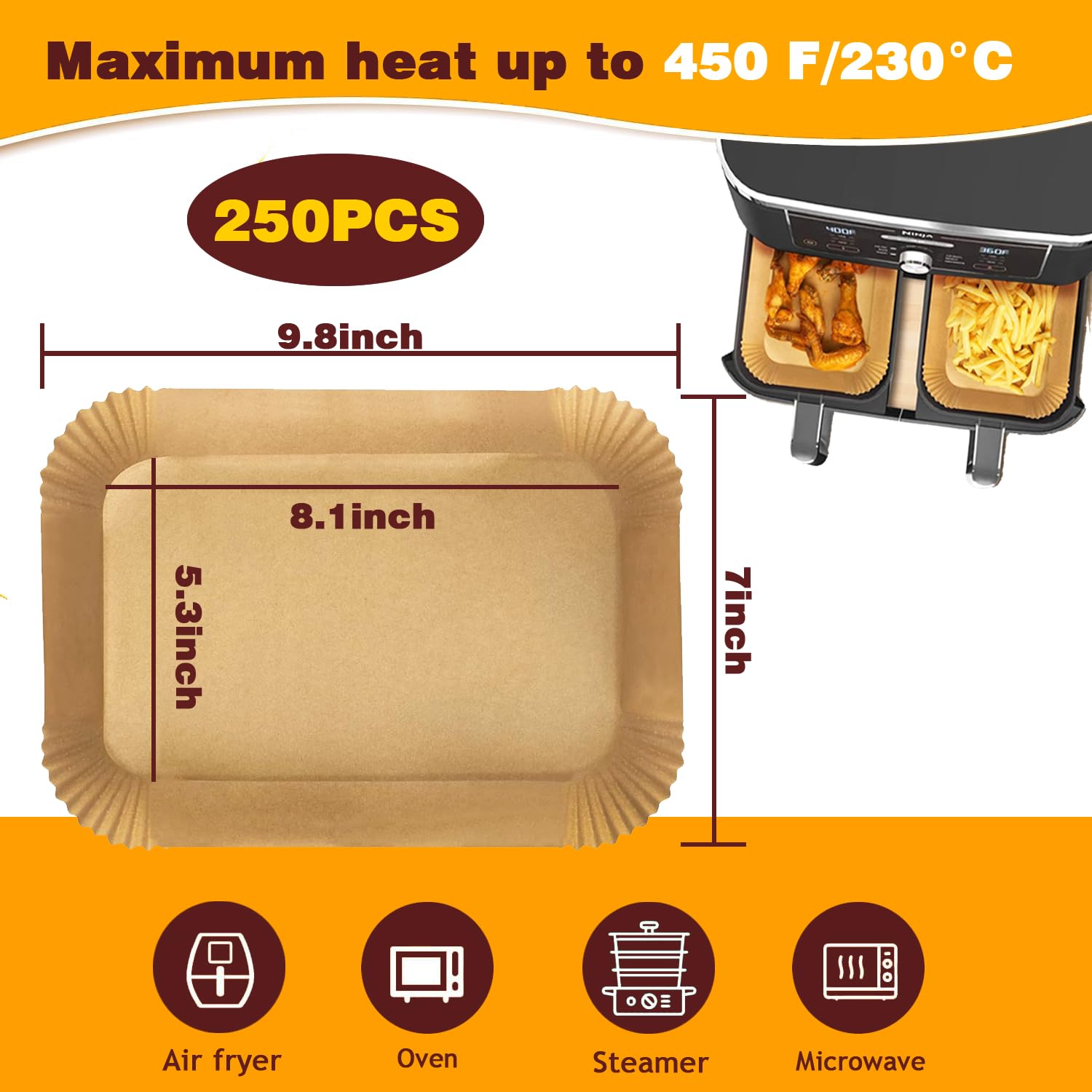 250PCS Air Fryer Liners,Air Fryer Accessories for Ninja Foodi Dual Air Fryer DZ201/DZ401 (250PCS Rectangle 8.1 x 5.3 inch)