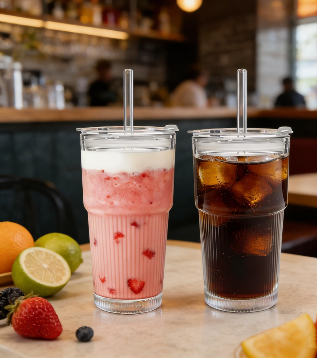 ALINK 4 Pack 16 oz Ribbed Glass Tumblers with Lids and Straws Glassware Cups Set, Thickened Glass, Ideal for Iced Coffee, Smoothies, Cocktails,Juices