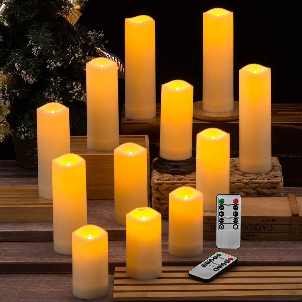 Flameless Candles, Led Candles Set of 12(D 2.1" X H 4" 5" 6" 7") Resin Candles with Remote Timer Waterproof Outdoor Indoor Candles (Made of Plastic)