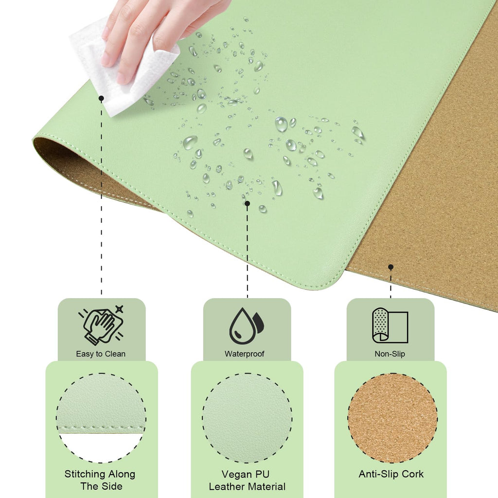 Non Slip Desk Mat, 31.5" x 15.7" PU Leather Desk Pad, Cork Desk Mat for Desktop, Desk Pad for Keyboard and Mouse, Ideal for Office and Home, Light Green