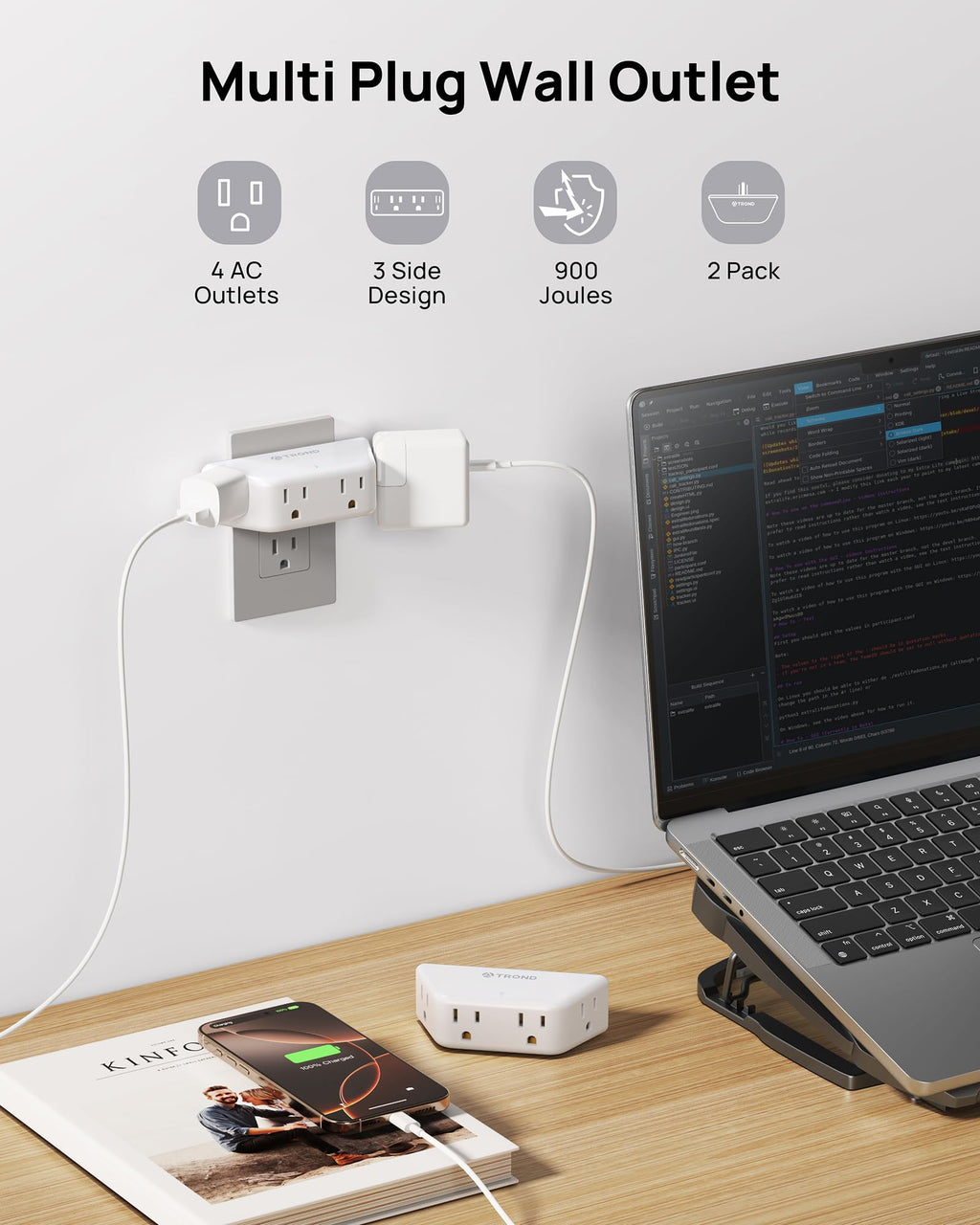 TROND 2 Pack Multi Plug Outlet Extender with Surge Protector, 3 Way Angled Wall Adapter with 4 Outlets, Electrical Wall Splitter, Multiple Plug Expander for Home Office Dorm Room Hotel Travel, White