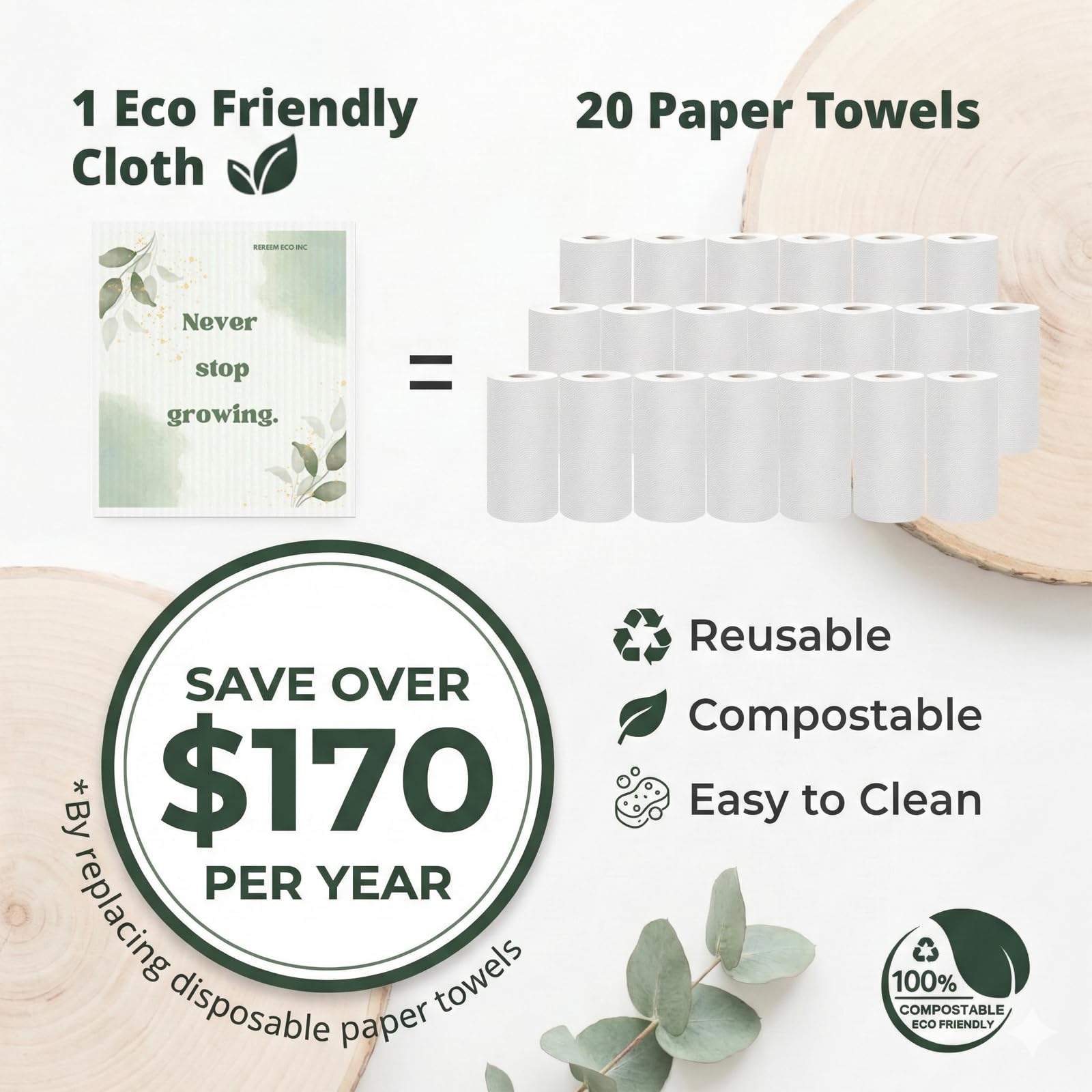 ReReem Swedish Dish Cloths – 6-Pack Reusable, Biodegradable Cellulose & Cotton Cleaning Towels – Plant Lover
