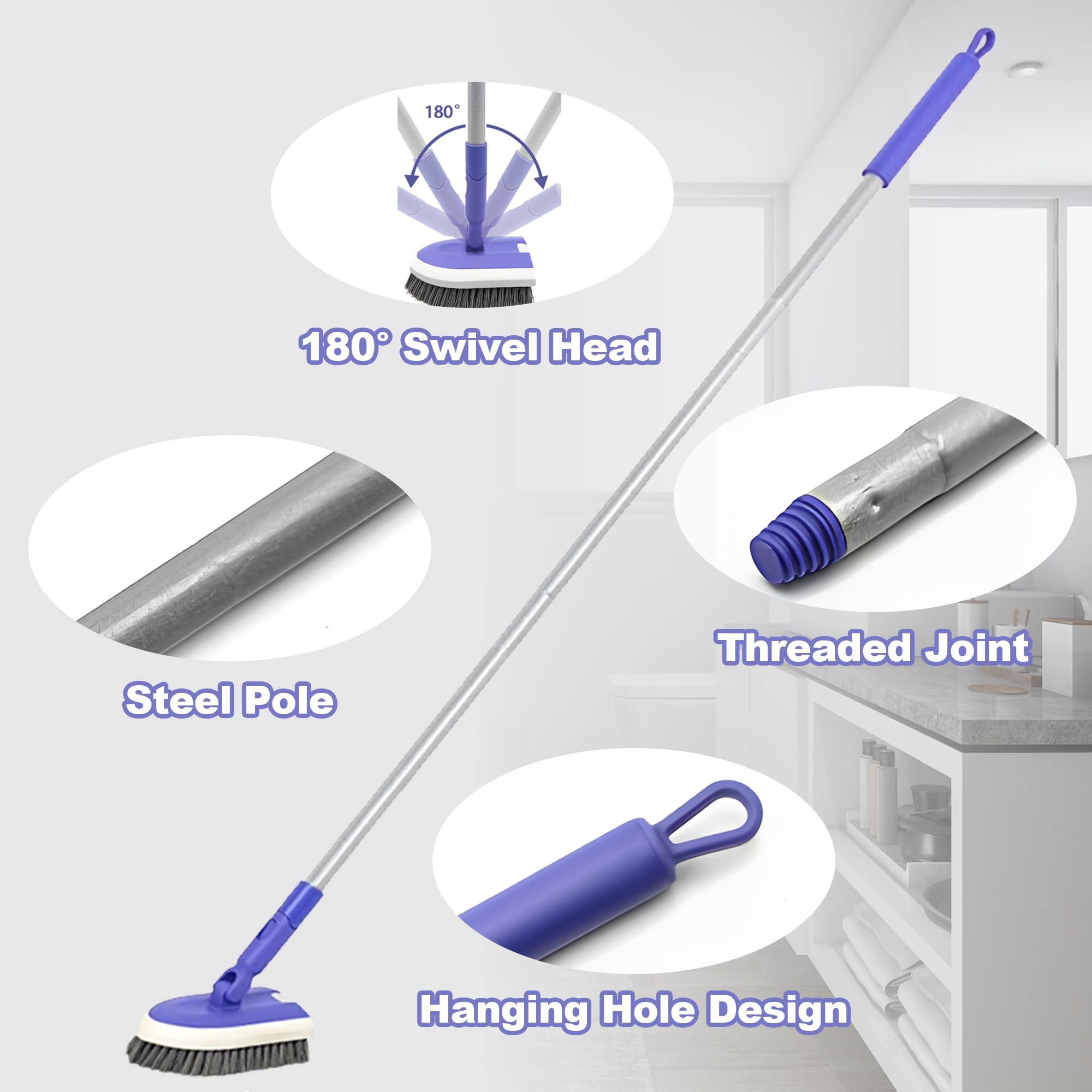 TRENNCHI Shower Scrubber Cleaning Brush with 46.8 Inches Long Handle, Tile and Tub Scrub Brush with 2 PCS Replacement, Shower Cleaner Brush for Bathtub, Bathroom, Wall, Kitchen, Floor
