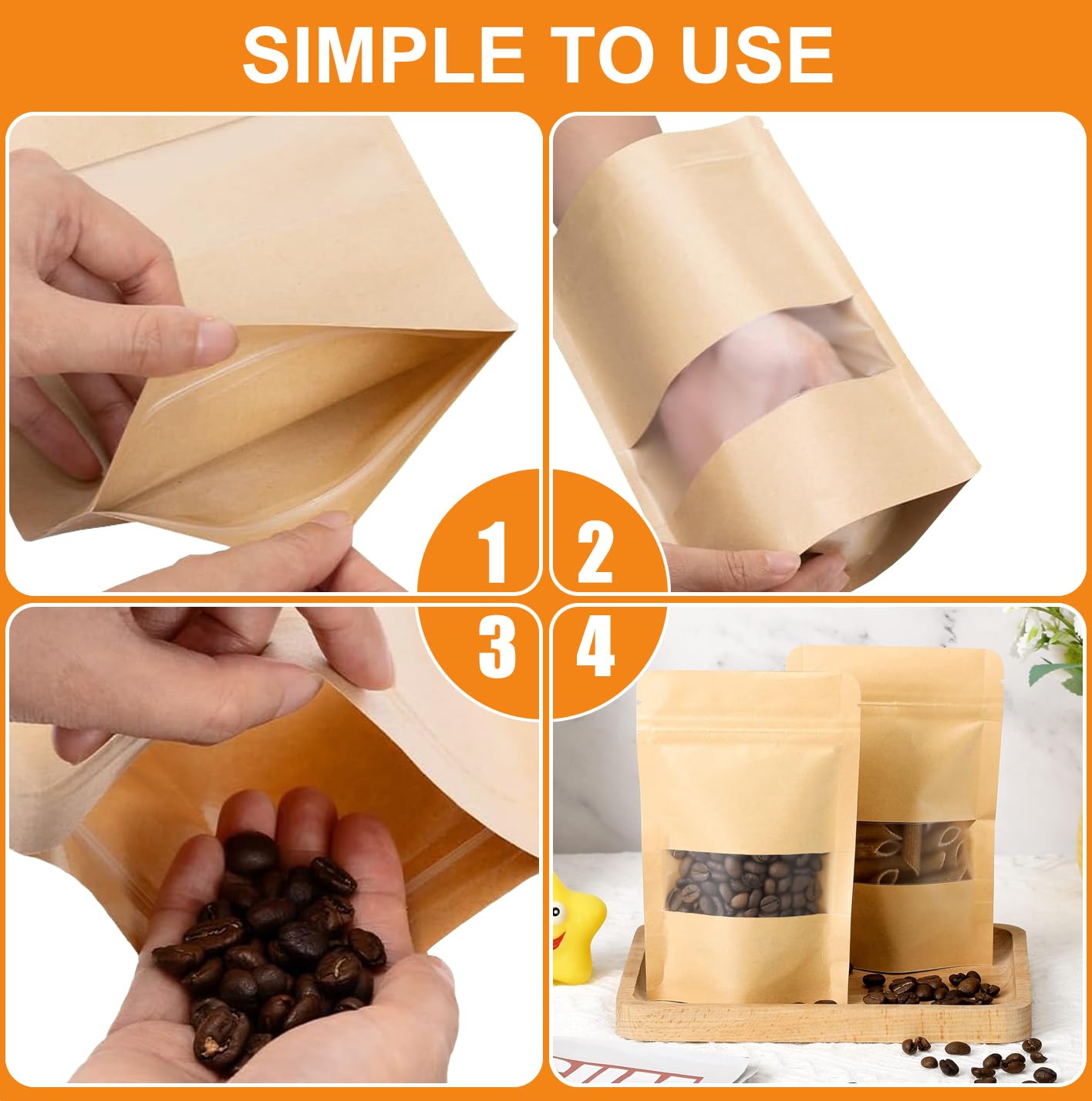 Matomtak Kraft Stand Up Bulk Pouches Resealable Paper Ziplock Bags with Window, 100 Pcs Sealable Food Storage Packaging Bags for Home and Business (Brown, 12x20cm/4.7x7.9inch)
